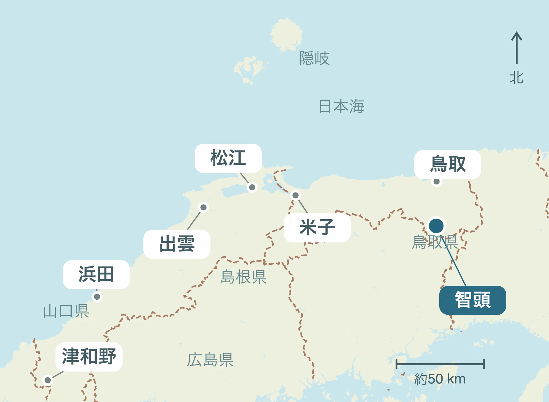 山陰全体における智頭町の位置と近隣地域を示す地図