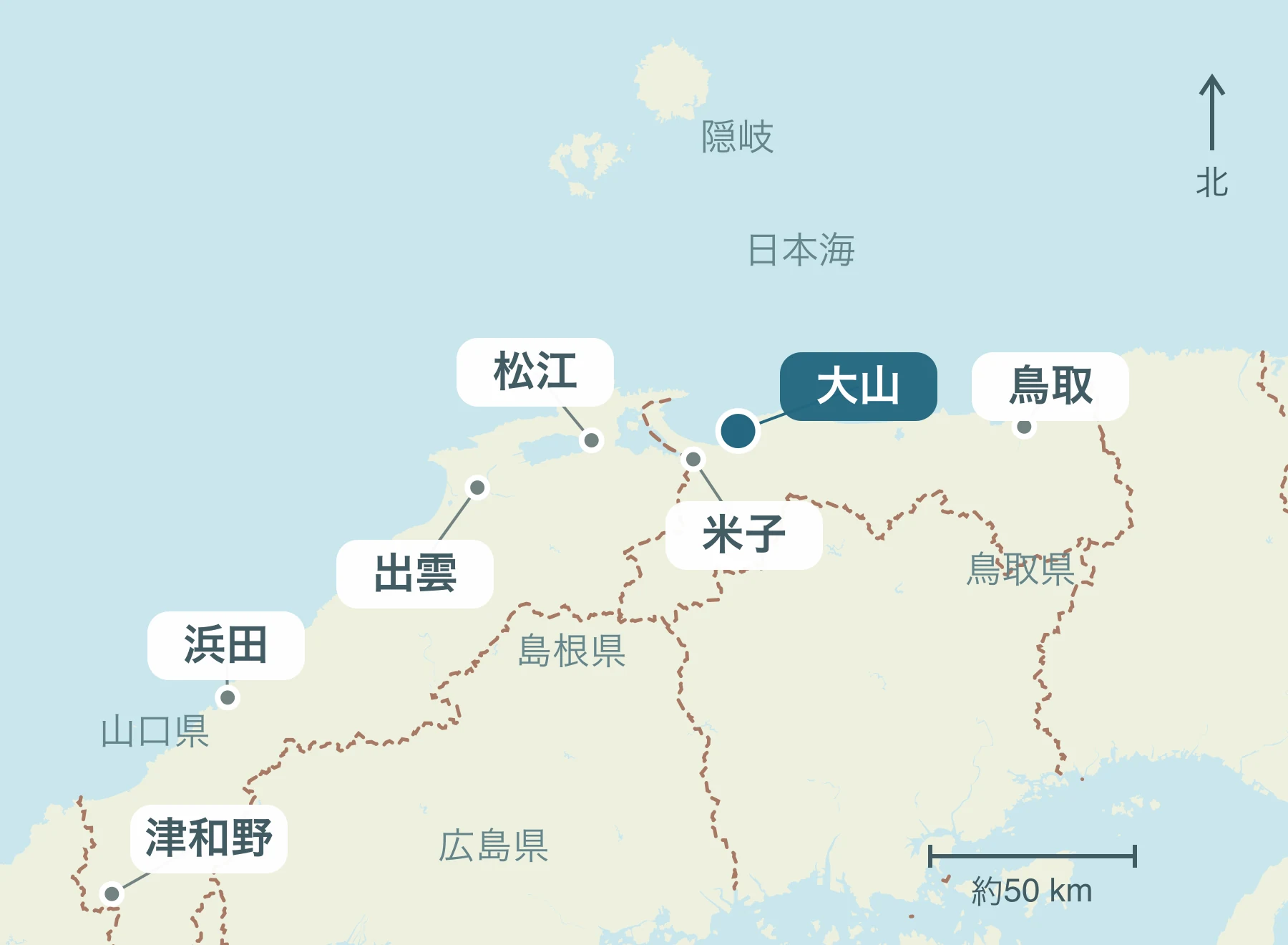山陰全体における大山町の位置と近隣地域を示す地図