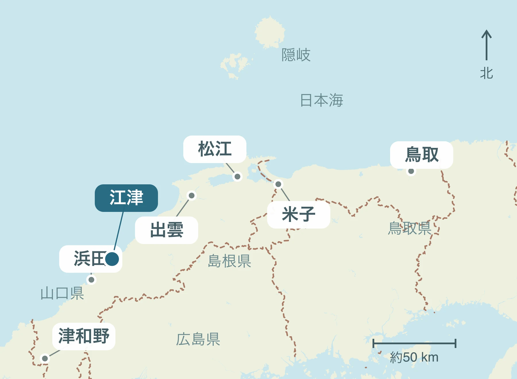 山陰全体における江津市の位置と近隣地域を示す地図