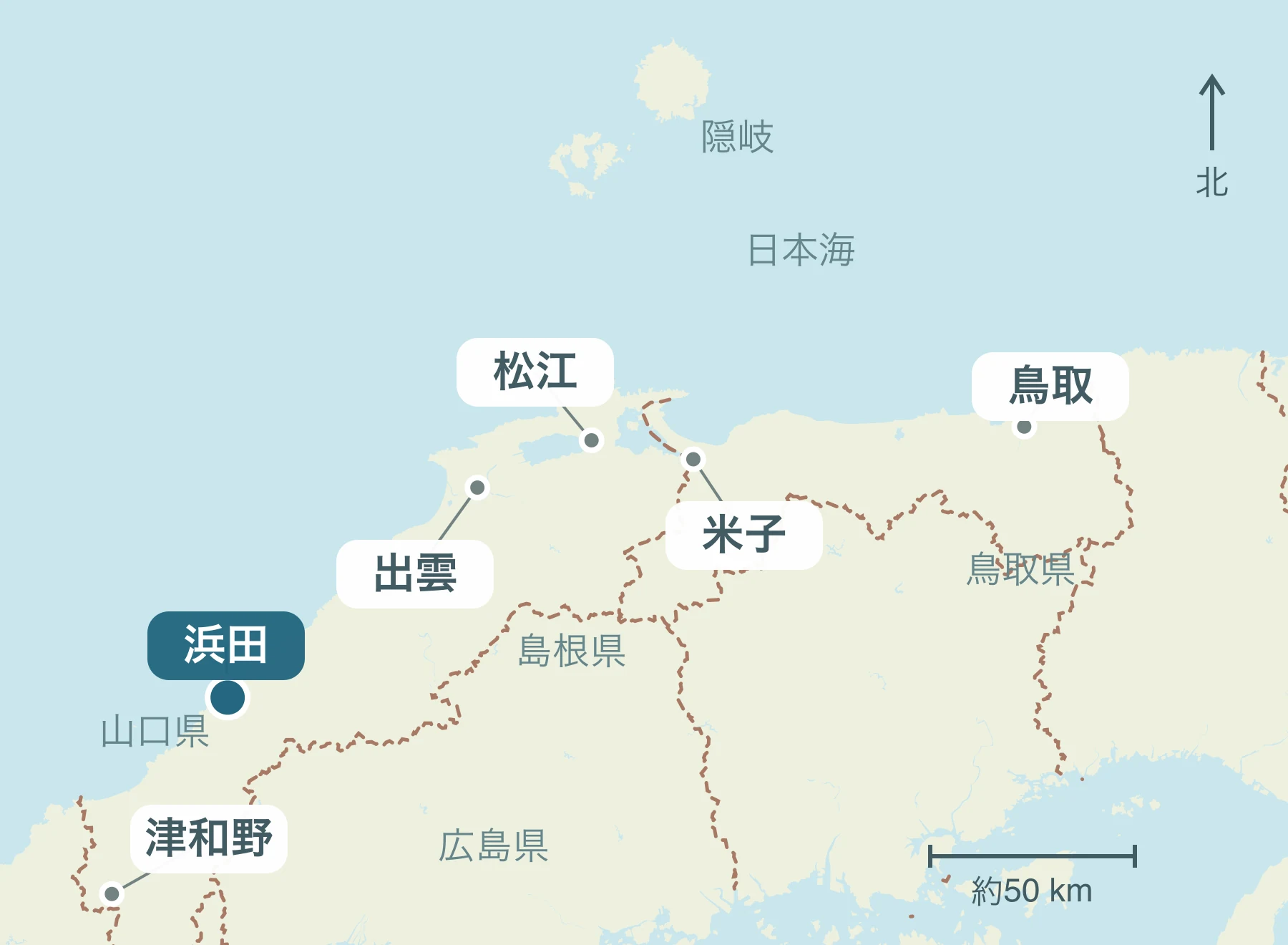 山陰全体における浜田市の位置と近隣地域を示す地図