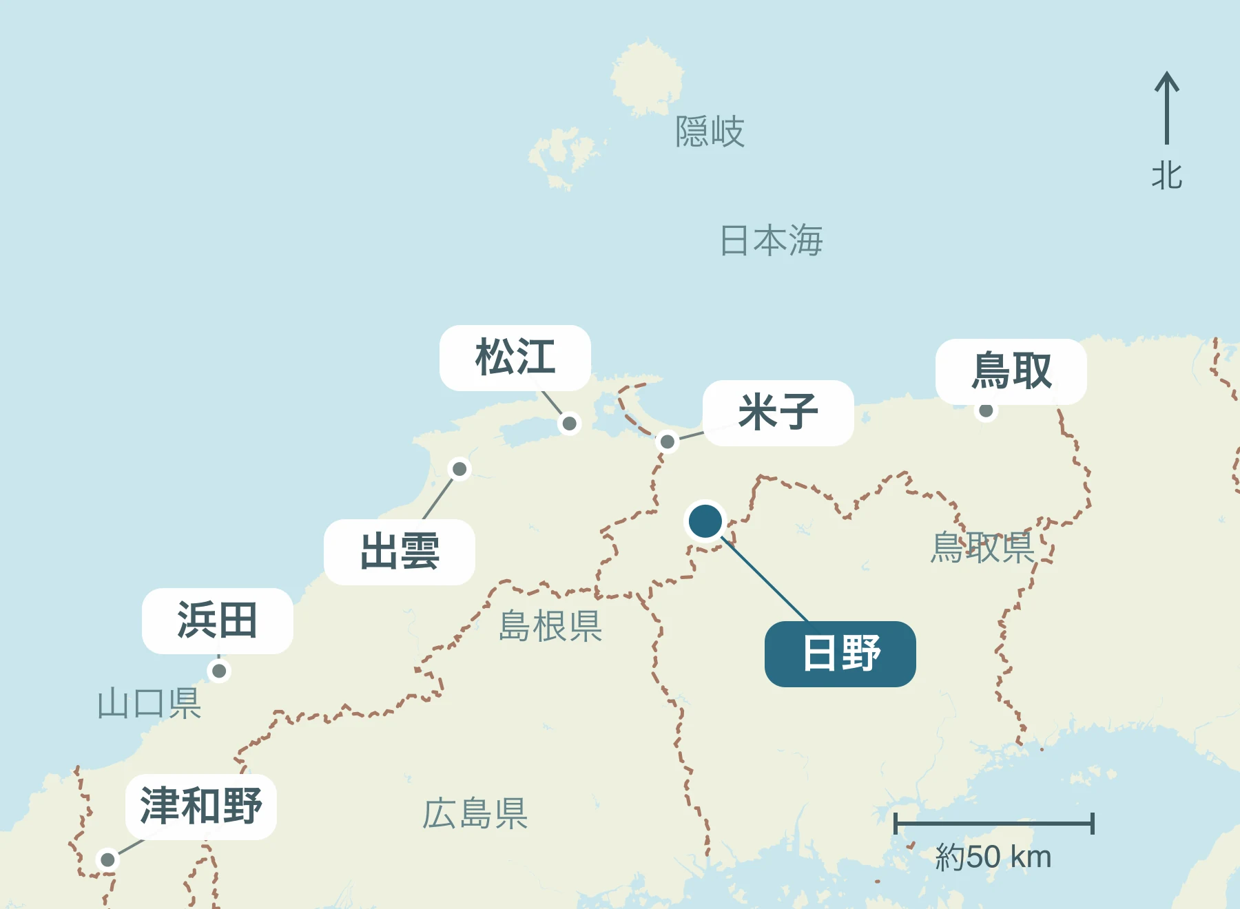 山陰全体における日野町の位置と近隣地域を示す地図