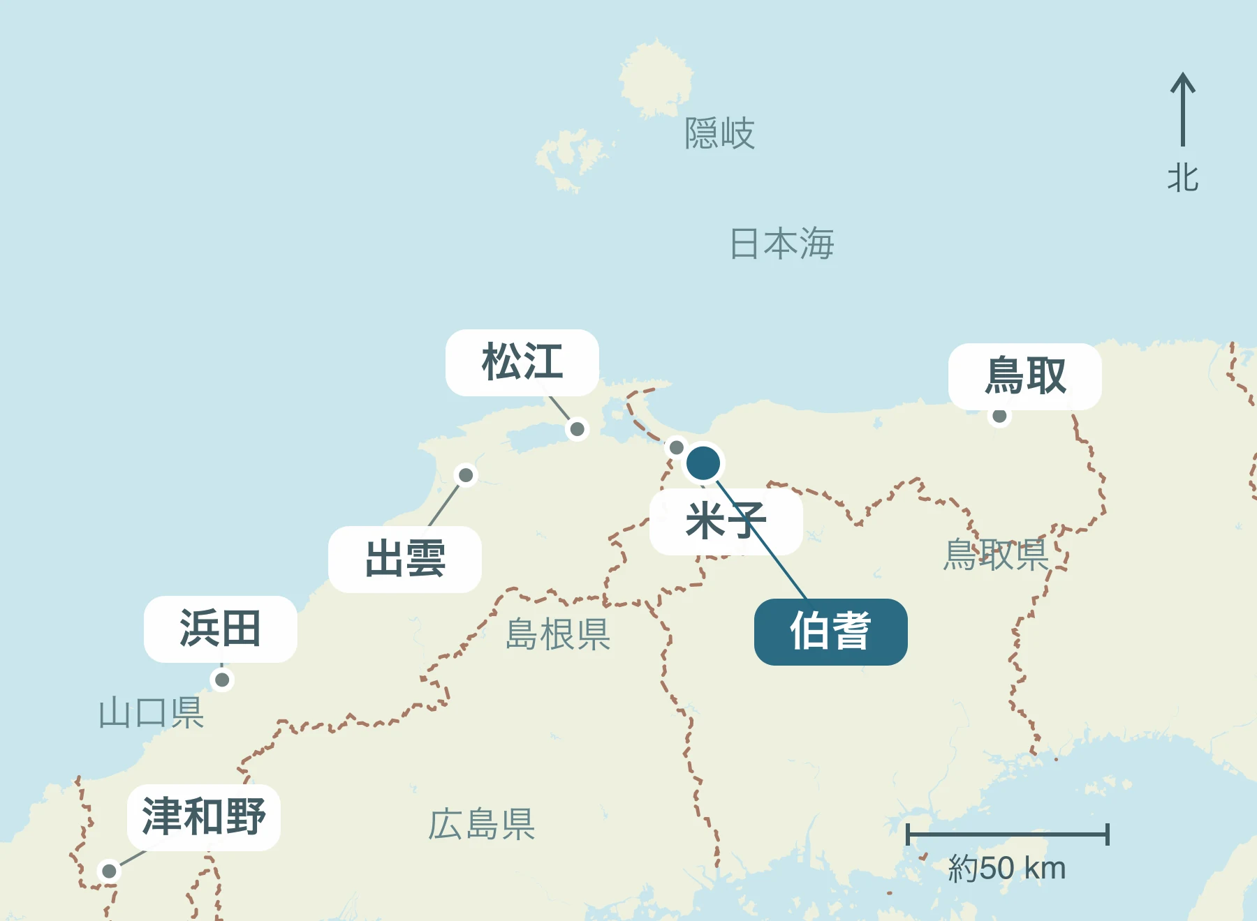 山陰全体における伯耆町の位置と近隣地域を示す地図