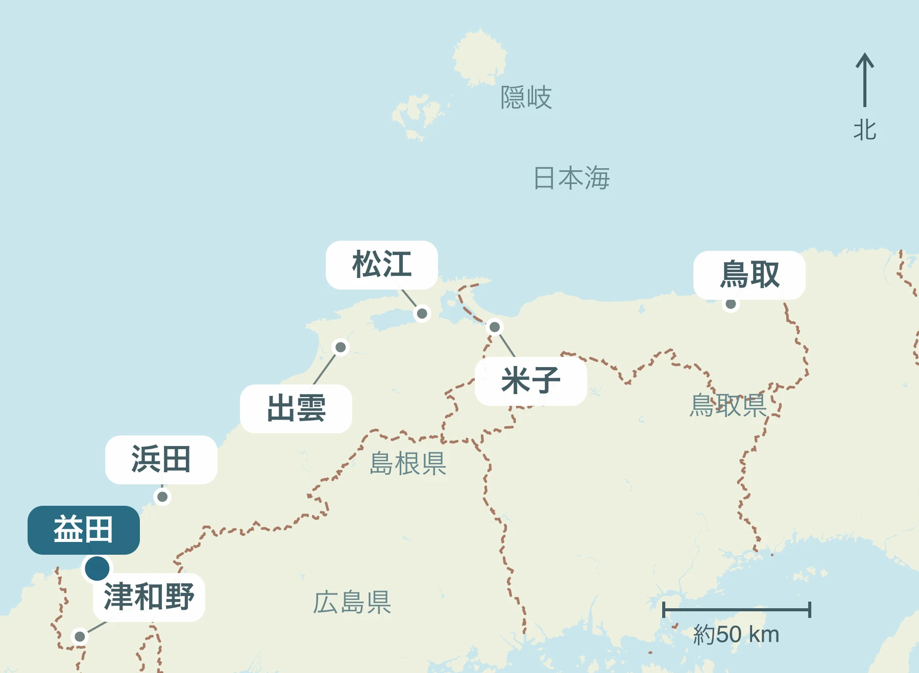 山陰全体における益田市の位置と近隣地域を示す地図