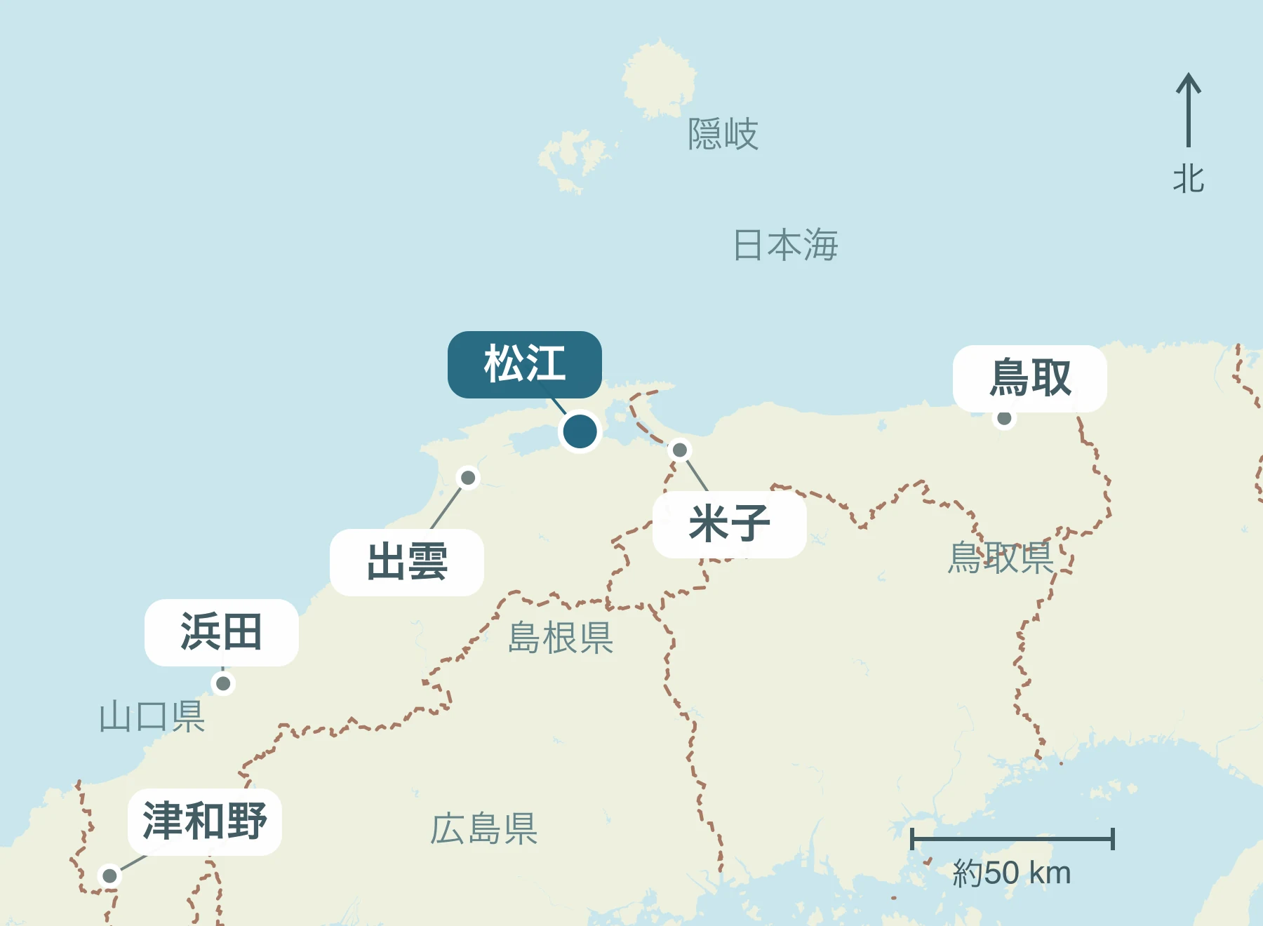 山陰全体における松江市の位置と近隣地域を示す地図