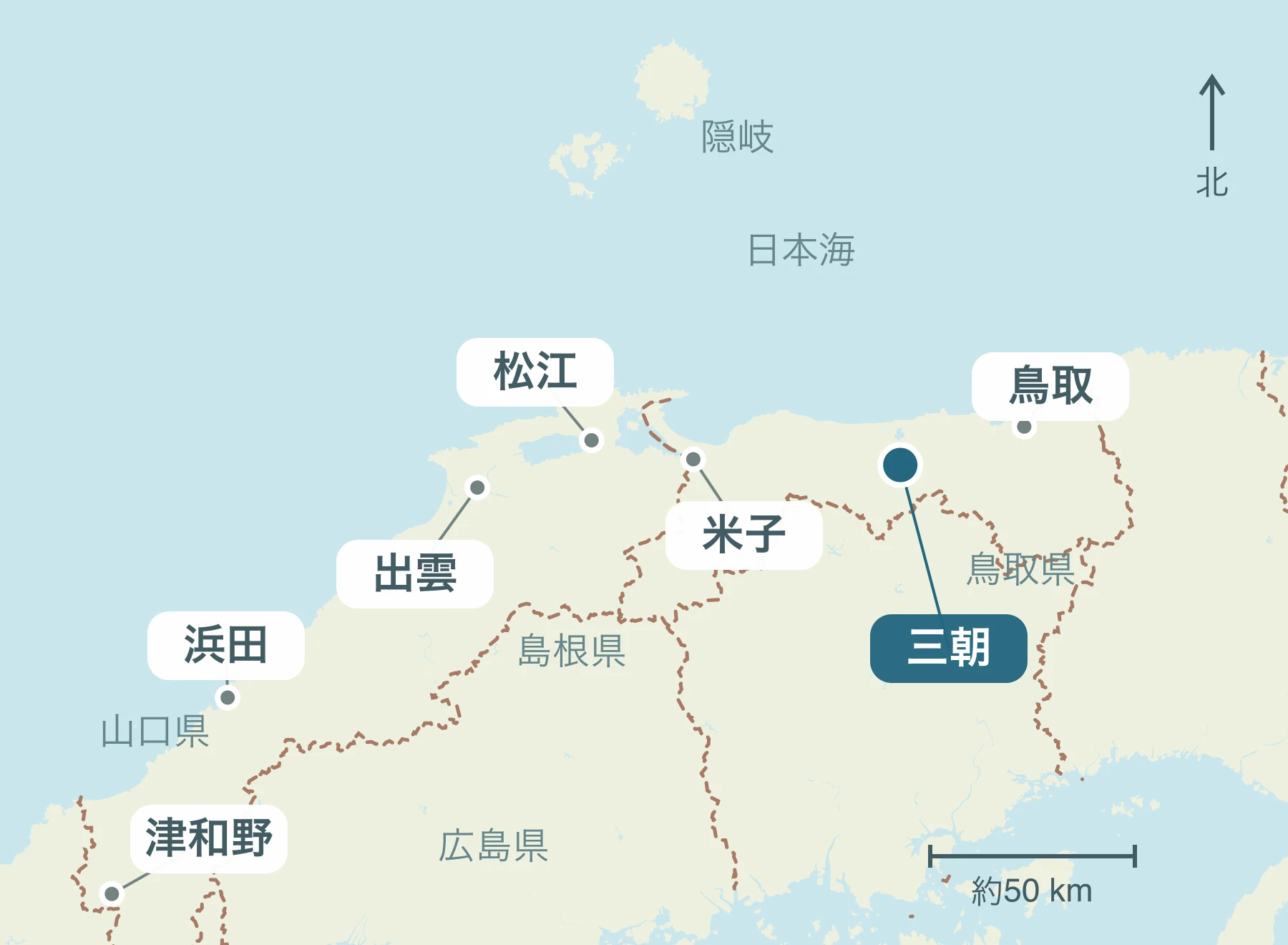 山陰全体における三朝町の位置と近隣地域を示す地図
