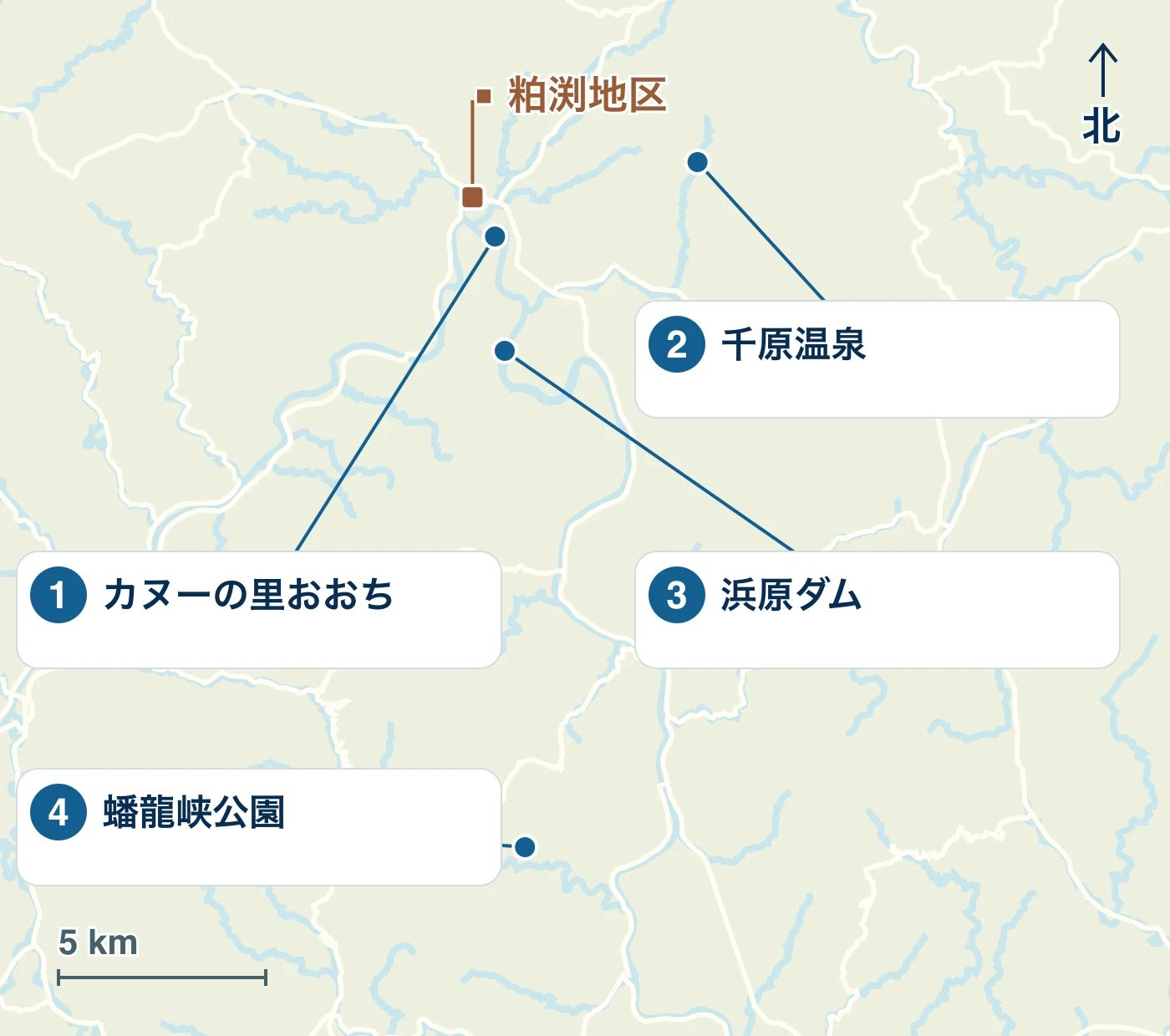 美郷町の駅・水辺・道路と、1 カヌーの里おおち、2 千原温泉、3 浜原ダム、4 蟠龍峡公園の位置を示す地図