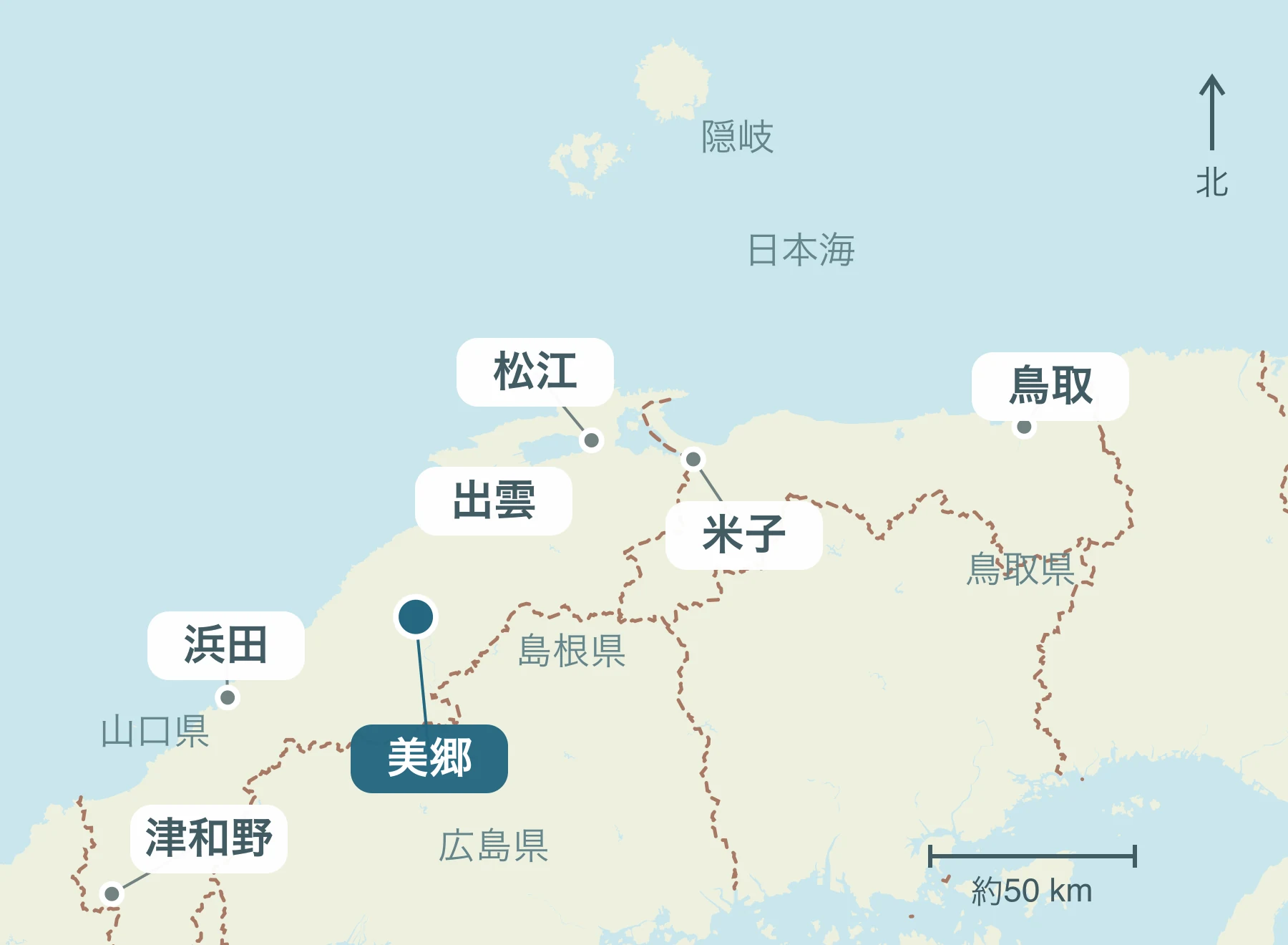 山陰全体における美郷町の位置と近隣地域を示す地図