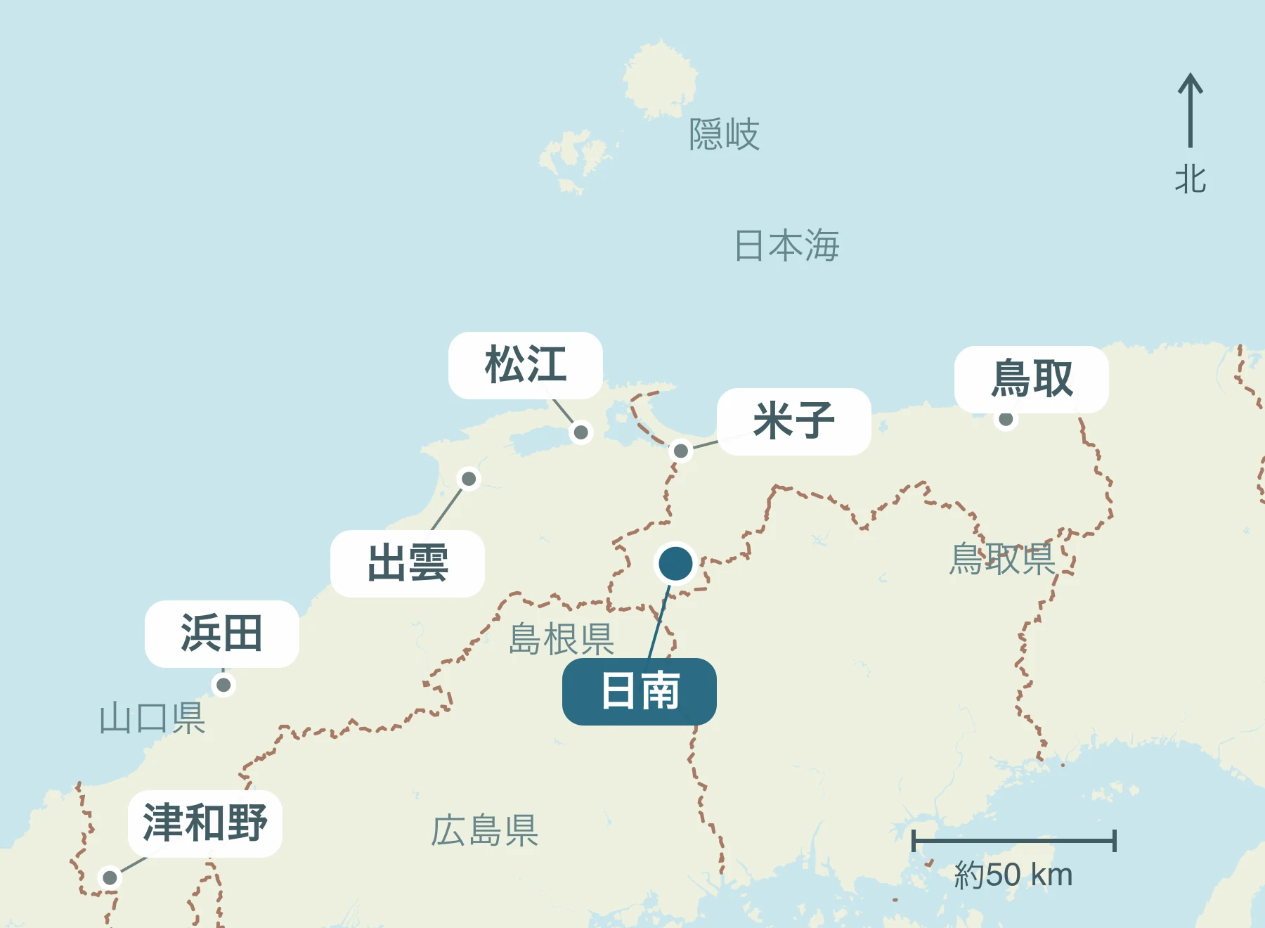 山陰全体における日南町の位置と近隣地域を示す地図