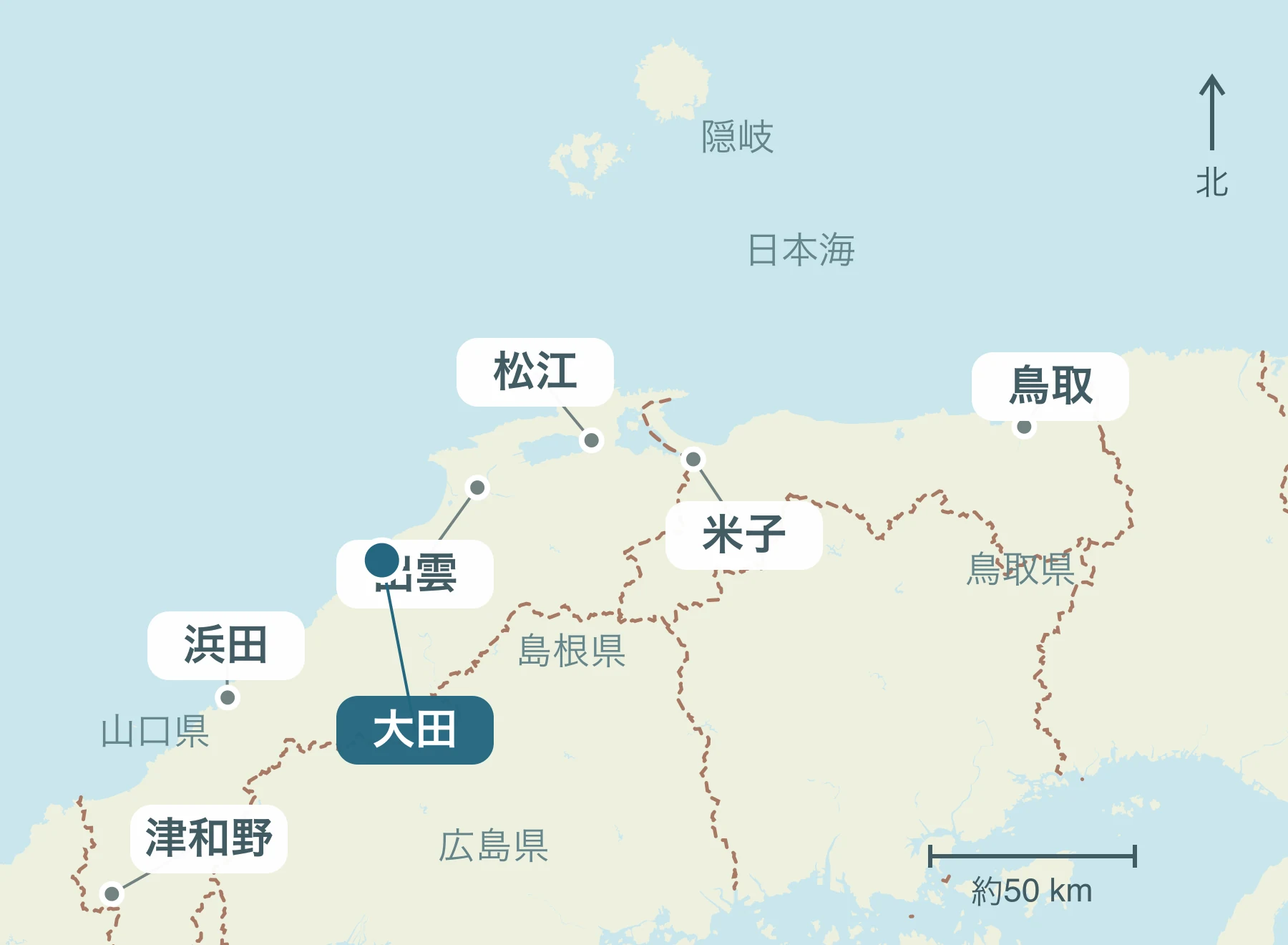 山陰全体における大田市の位置と近隣地域を示す地図