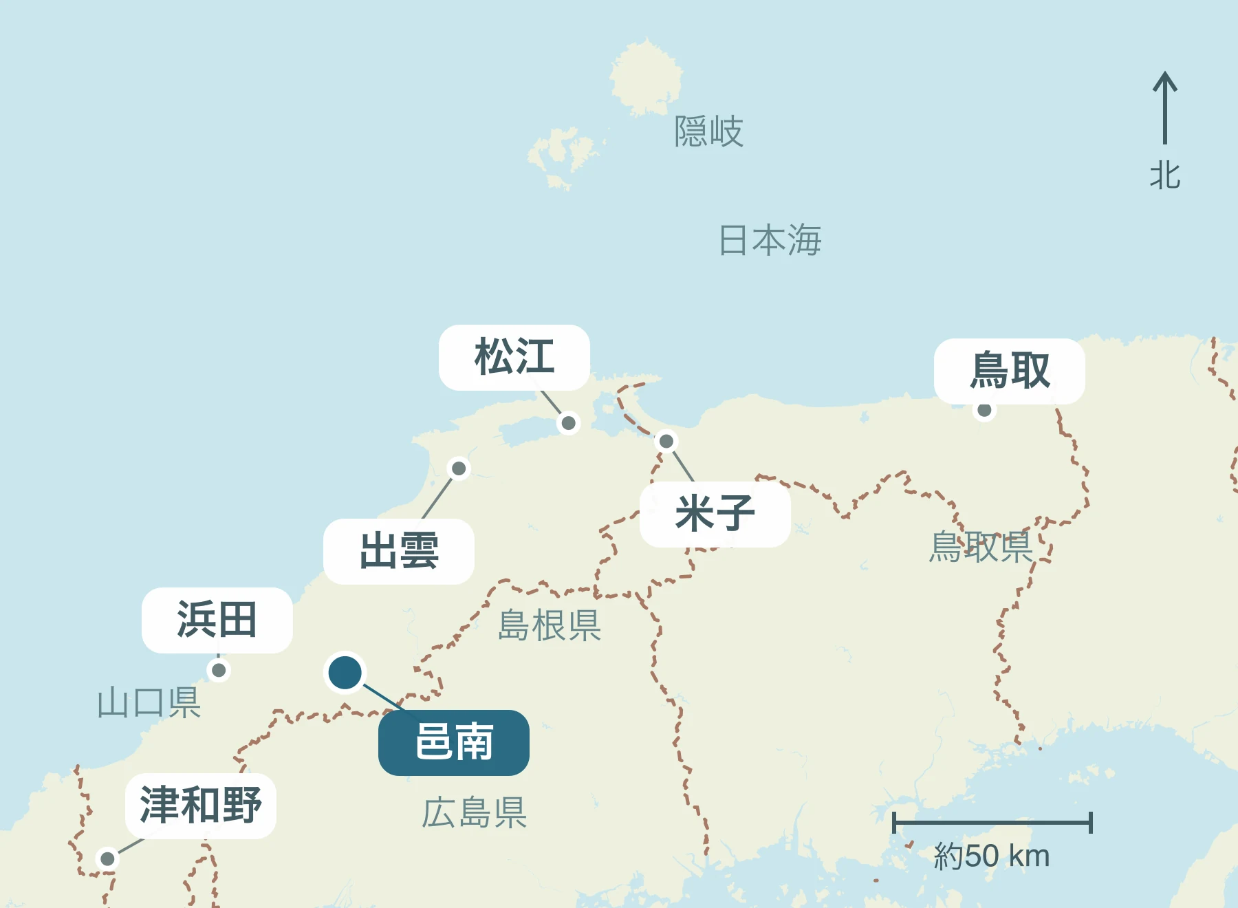 山陰全体における邑南町の位置と近隣地域を示す地図
