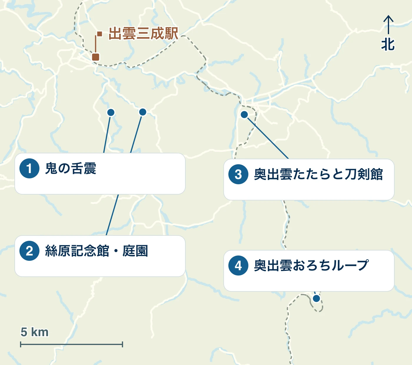 奥出雲町の駅・水辺・道路と、1 鬼の舌震、2 絲原記念館・庭園、3 奥出雲たたらと刀剣館、4 奥出雲おろちループの位置を示す地図
