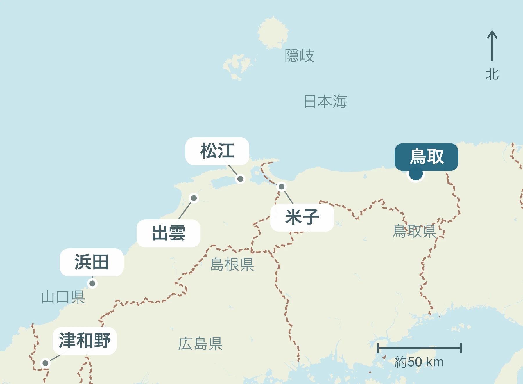 山陰全体における鳥取市の位置と近隣地域を示す地図