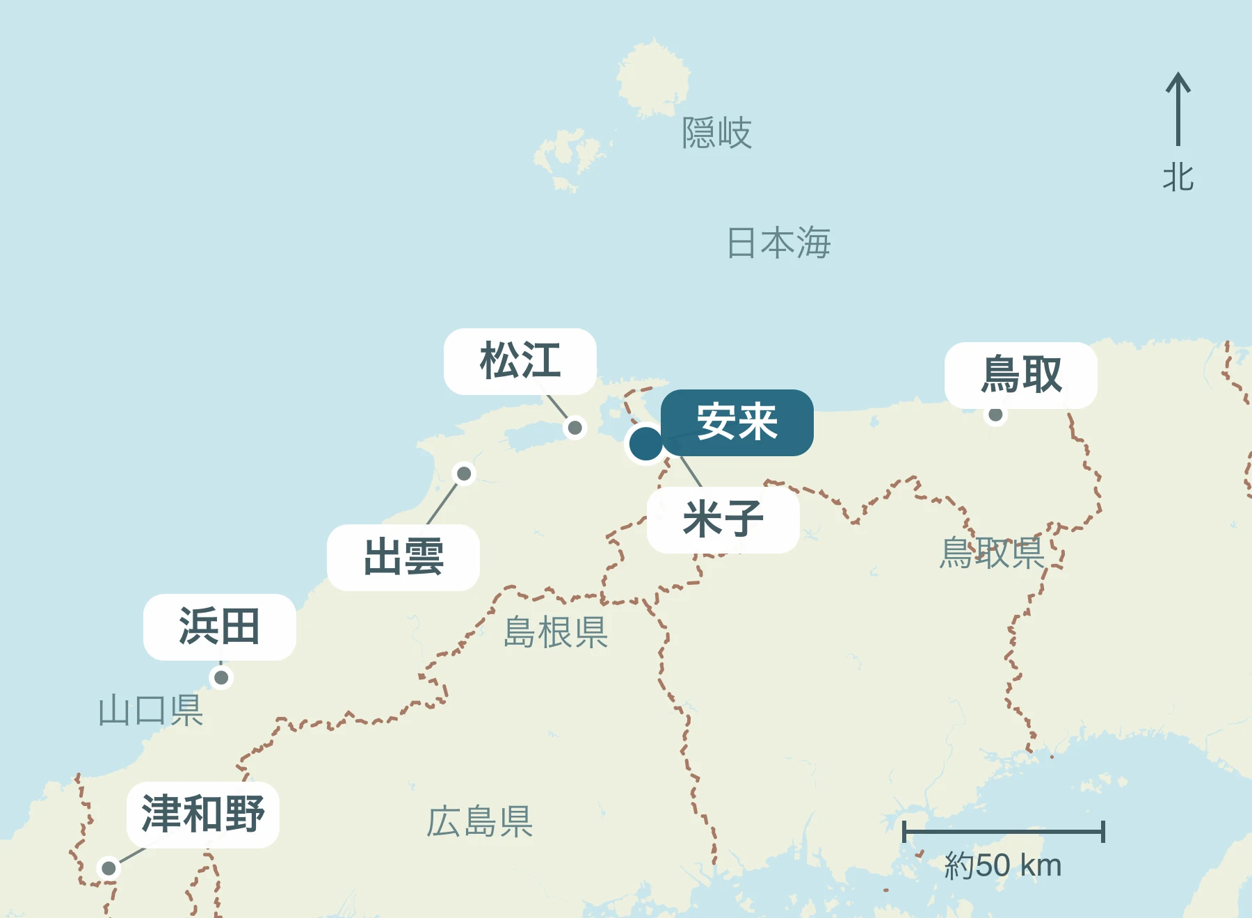 山陰全体における安来市の位置と近隣地域を示す地図