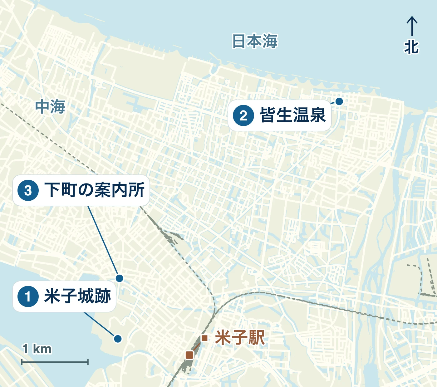 米子市の駅・水辺・道路と、1 米子城跡、2 皆生温泉、3 加茂川沿いと下町の位置を示す地図