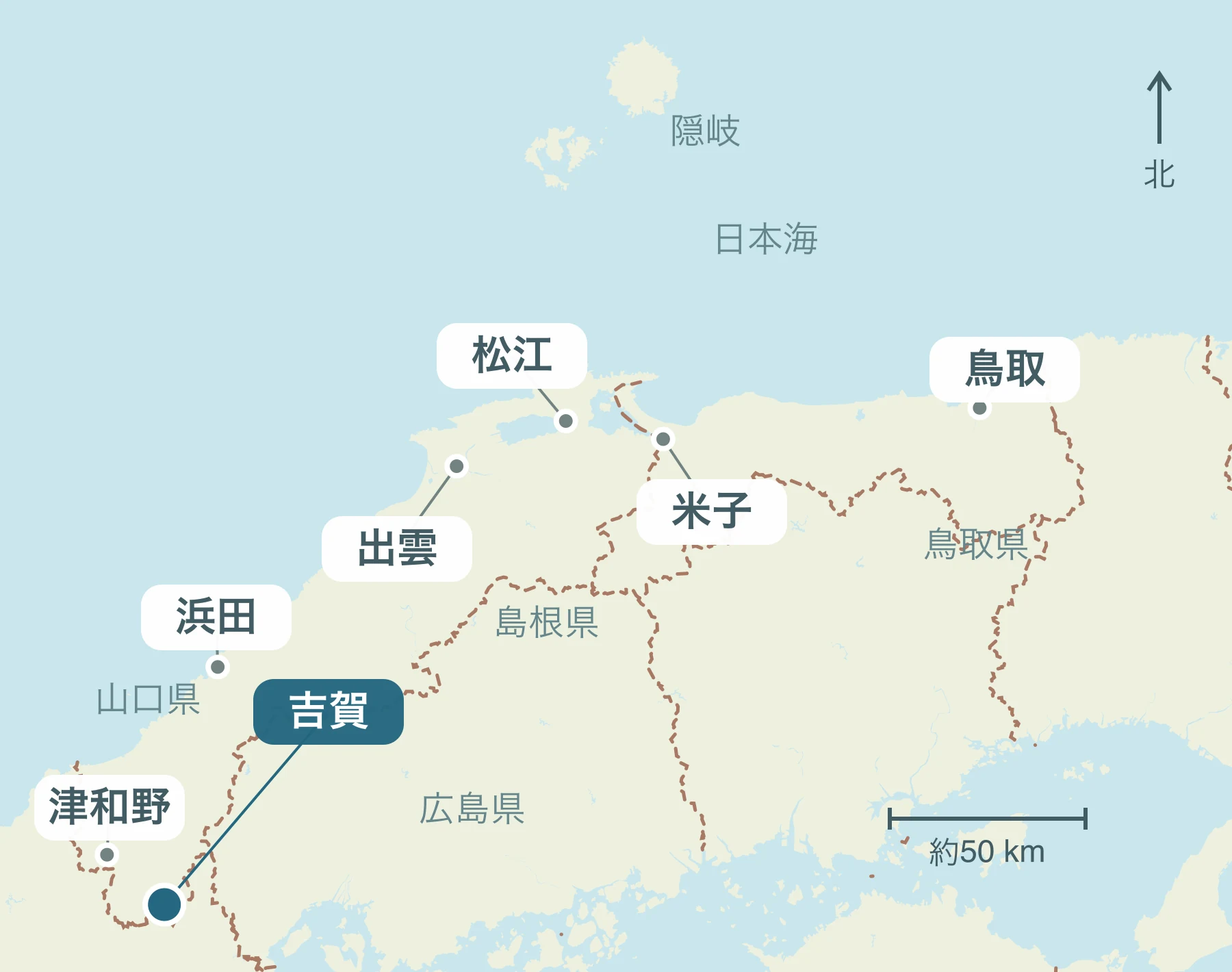 山陰全体における吉賀町の位置と近隣地域を示す地図