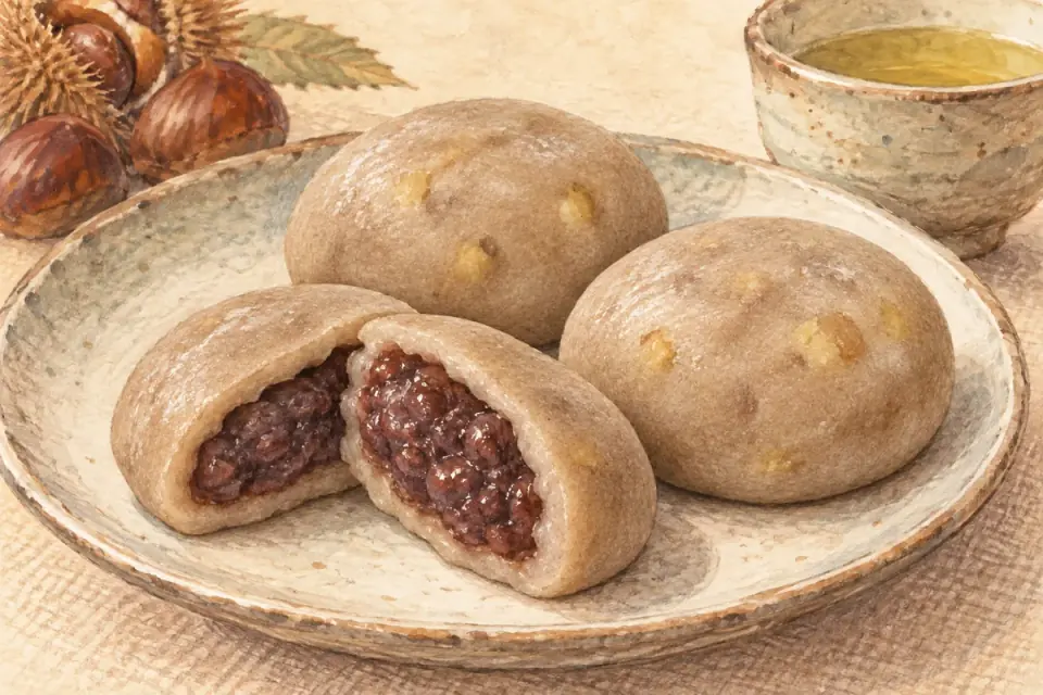 Illustration of tochi-mochi rice cakes filled with sweet bean paste