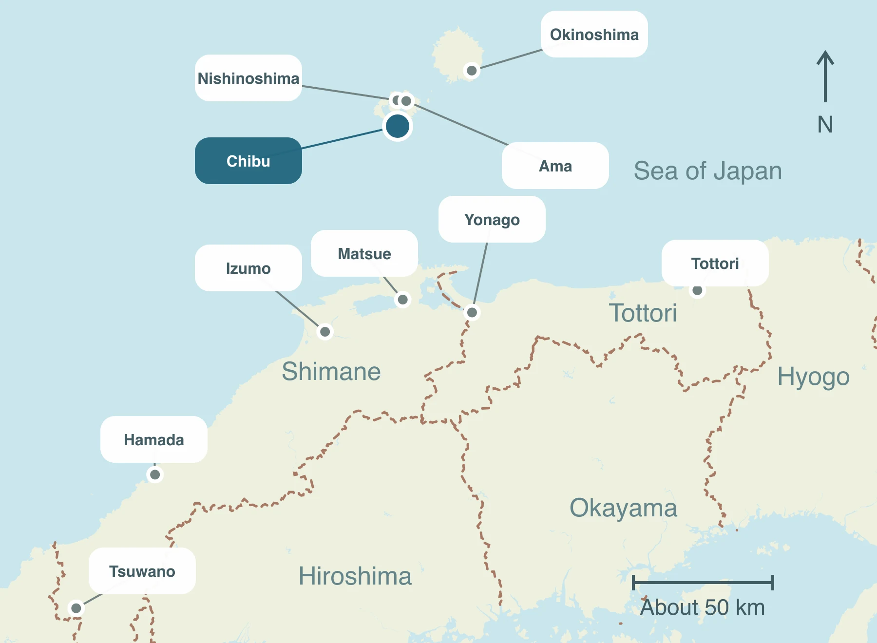 Map showing Chibu Village and nearby regions within Sanin