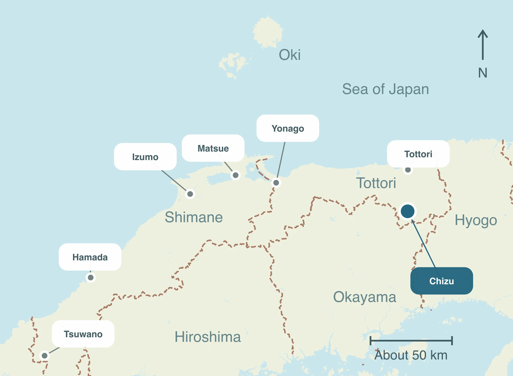 Map showing Chizu Town and nearby regions within Sanin