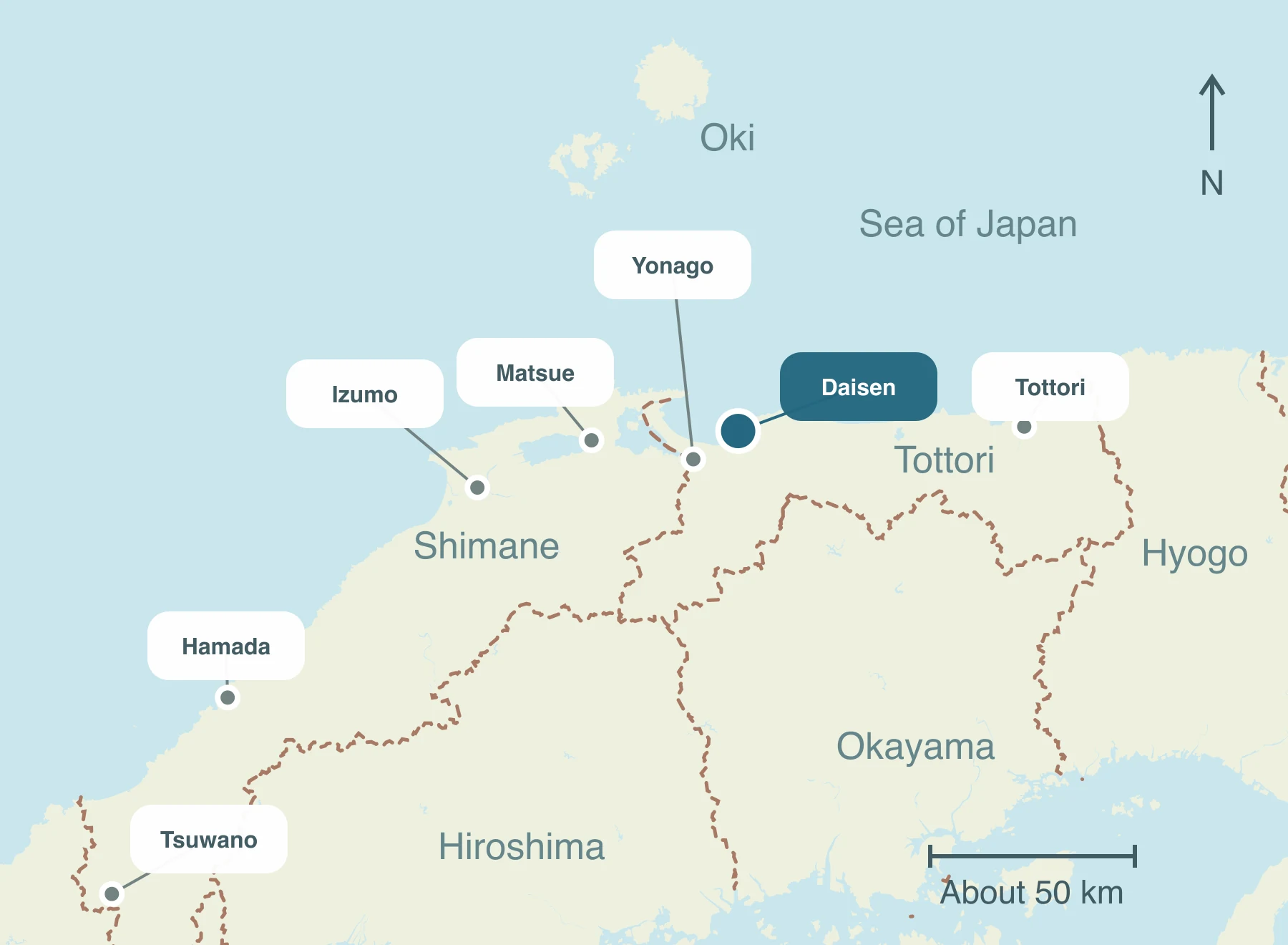 Map showing Daisen and nearby regions within Sanin