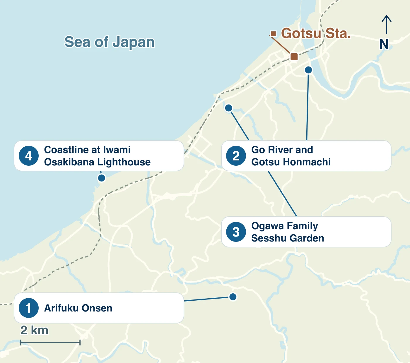 Map of Gotsu City showing stations, waterways, roads and the locations of 1 Arifuku Onsen; 2 Go River and Gotsu Honmachi; 3 Ogawa Family Sesshu Garden; 4 Coastline at Iwami Osakibana Lighthouse