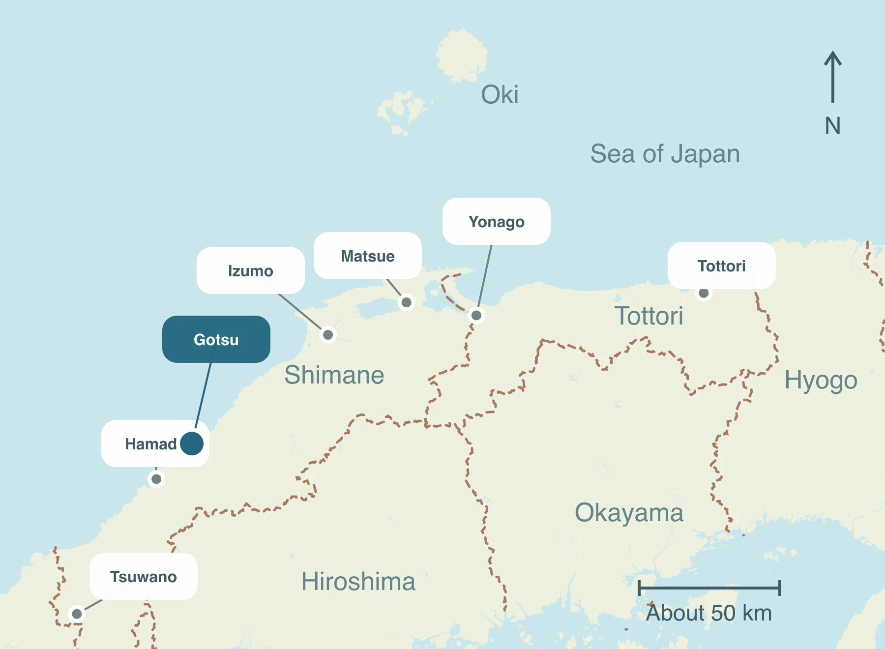 Map showing Gotsu City and nearby regions within Sanin