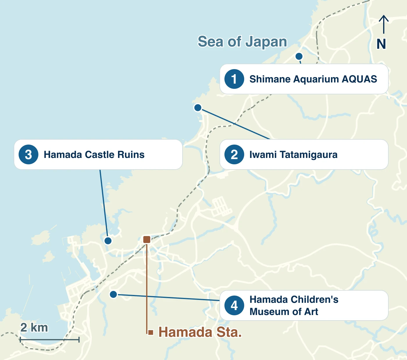 Map of Hamada City showing stations, waterways, roads and the locations of 1 Shimane Aquarium AQUAS; 2 Iwami Tatamigaura; 3 Hamada Castle Ruins; 4 Hamada Children's Museum of Art