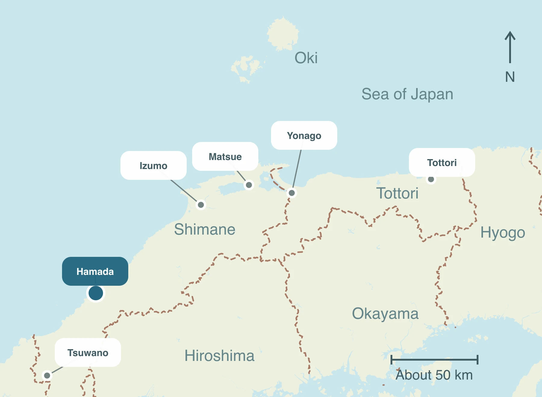 Map showing Hamada City and nearby regions within Sanin