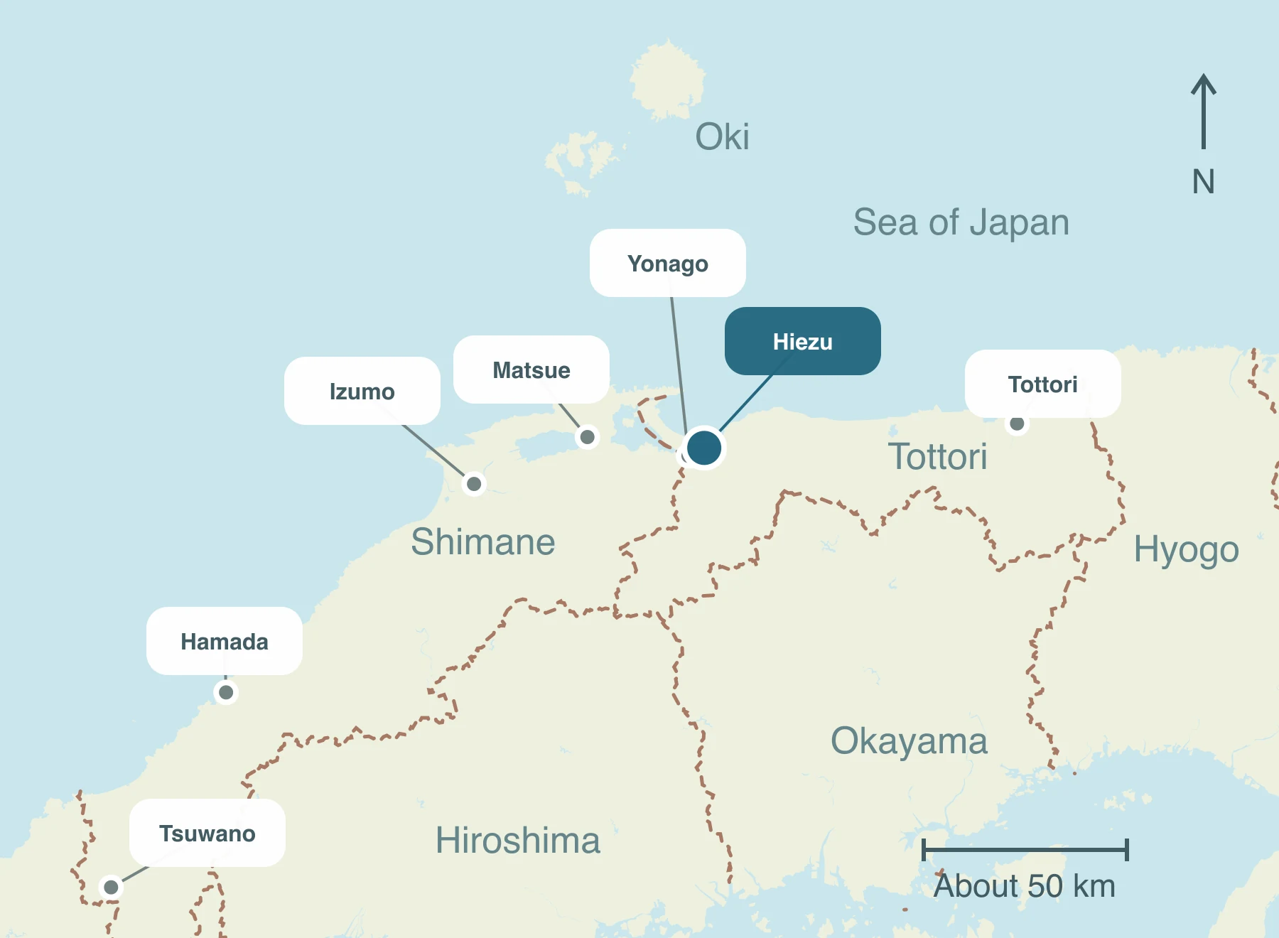 Map showing Hiezu Village and nearby regions within Sanin