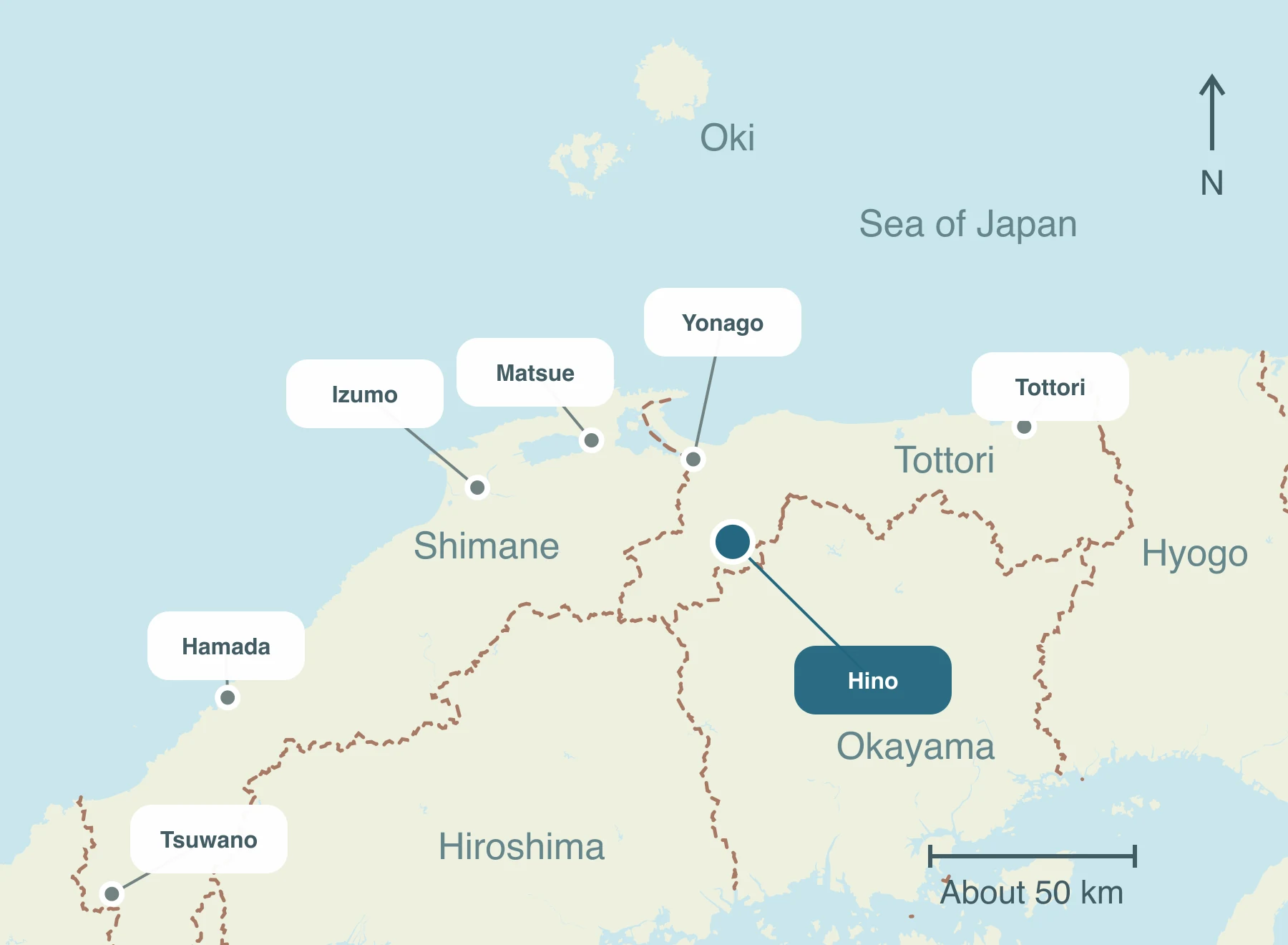 Map showing Hino Town and nearby regions within Sanin