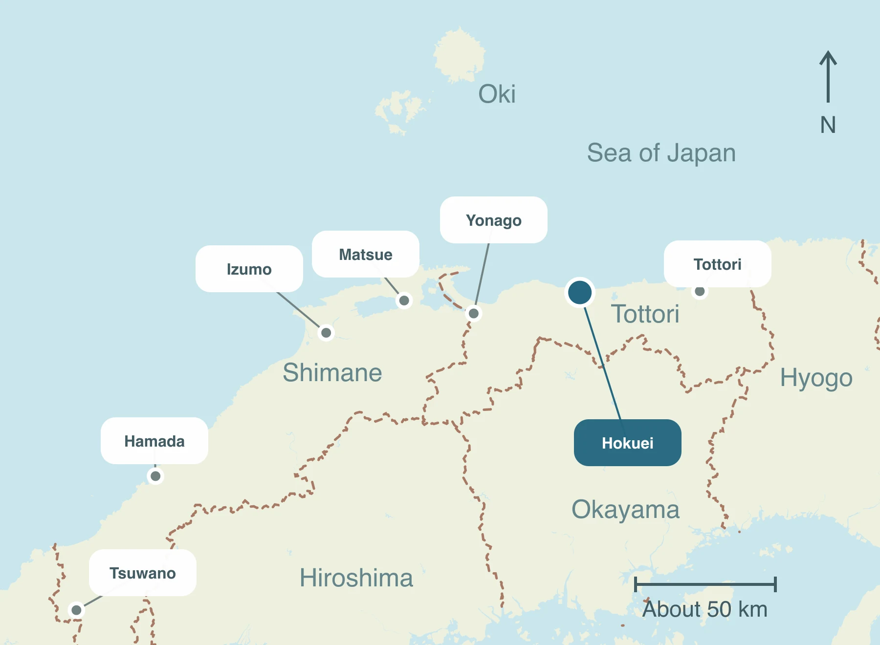 Map showing Hokuei Town and nearby regions within Sanin