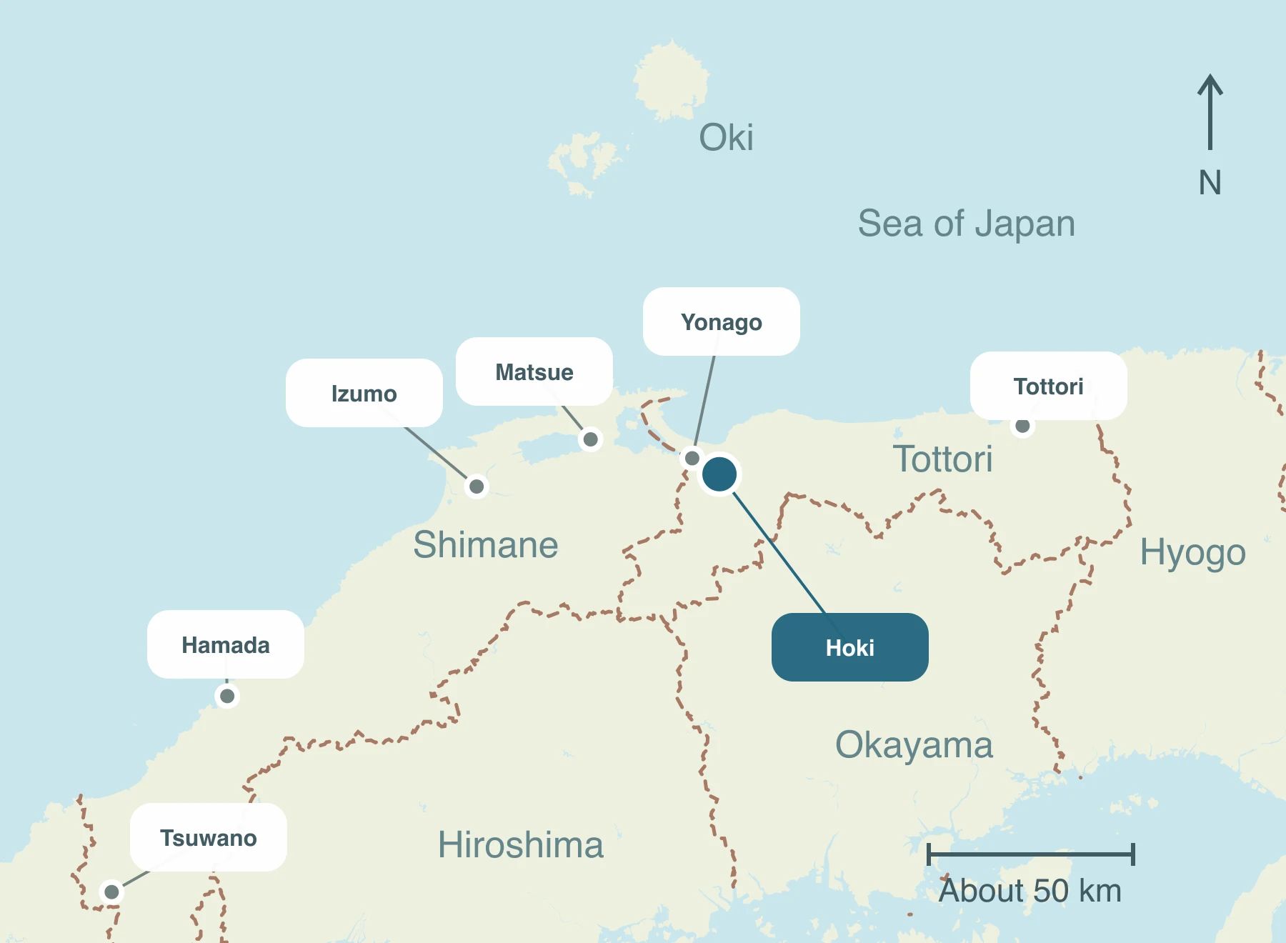 Map showing Hoki and nearby regions within Sanin
