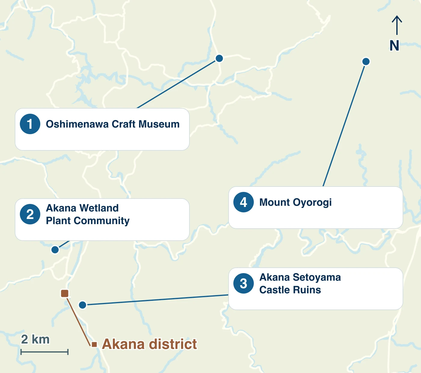 Map of Iinan Town showing stations, waterways, roads and the locations of 1 Oshimenawa Craft Museum; 2 Akana Wetland Plant Community; 3 Akana Setoyama Castle Ruins; 4 Mount Oyorogi
