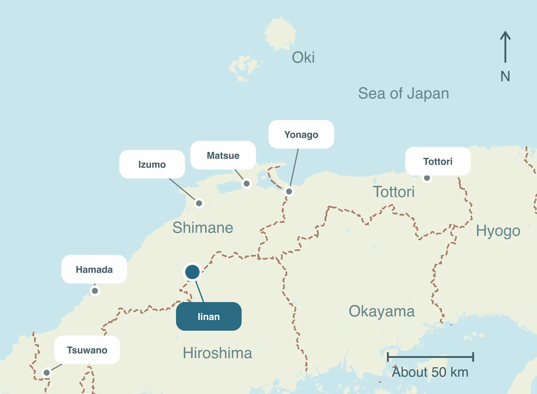 Map showing Iinan Town and nearby regions within Sanin