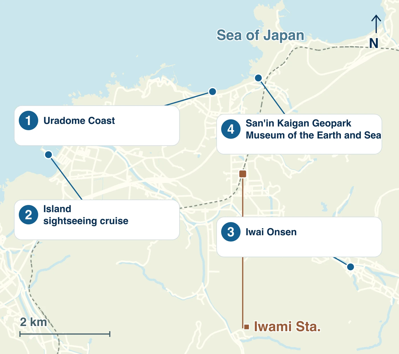 Map of Iwami Town showing stations, waterways, roads and the locations of 1 Uradome Coast; 2 Island sightseeing cruise; 3 Iwai Onsen; 4 San'in Kaigan Geopark Museum of the Earth and Sea