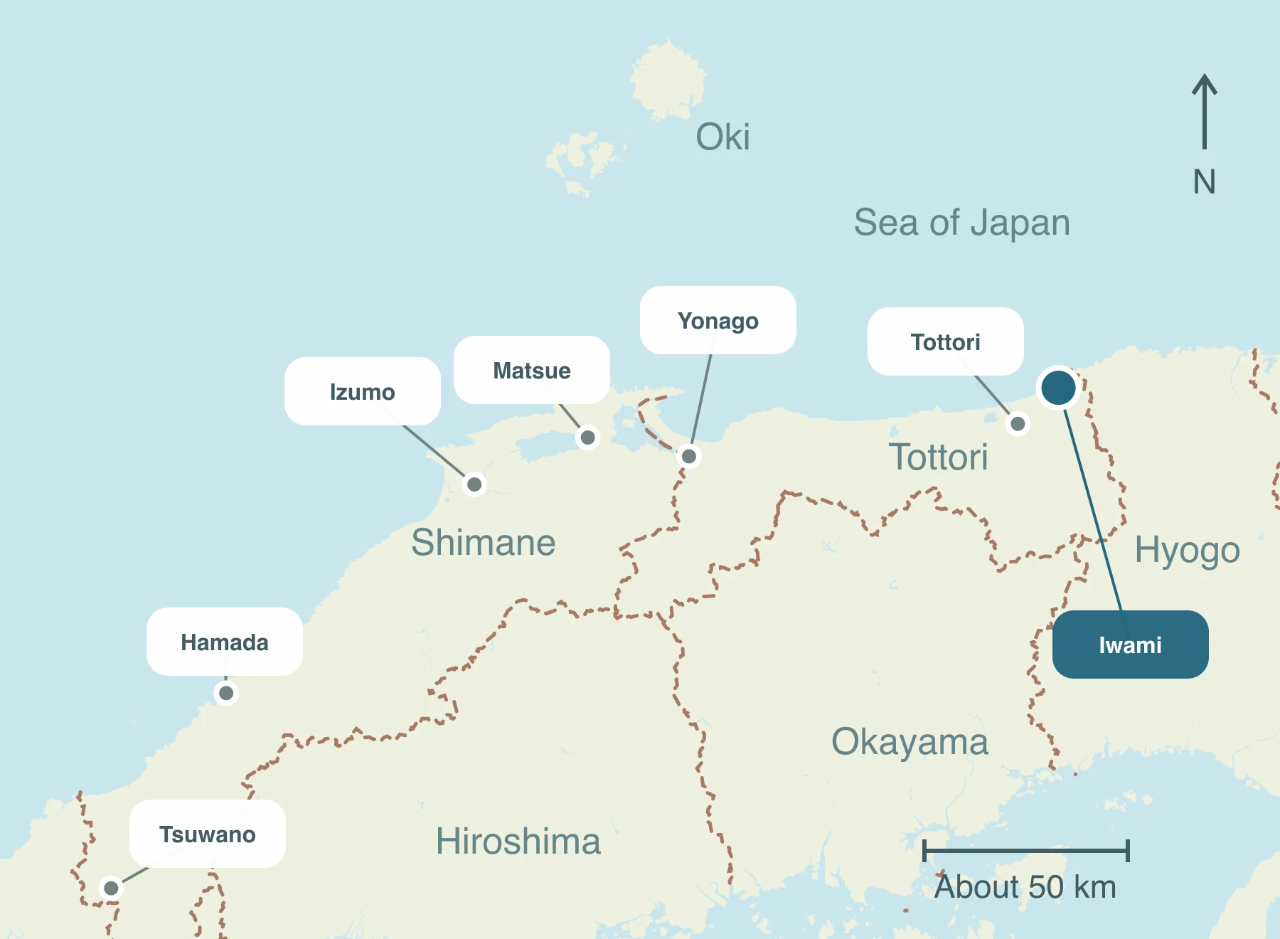 Map showing Iwami Town and nearby regions within Sanin