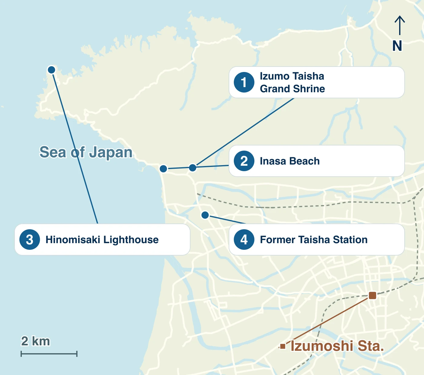 Map of Izumo showing stations, waterways, roads and the locations of 1 Izumo Taisha Grand Shrine; 2 Inasa Beach; 3 Hinomisaki Lighthouse; 4 Former Taisha Station