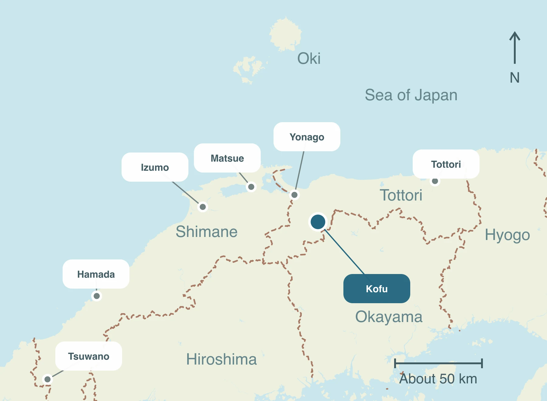 Map showing Kofu Town and nearby regions within Sanin