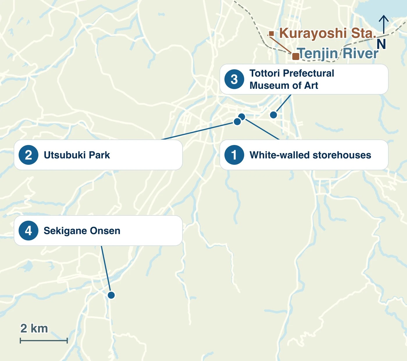 Map of Kurayoshi City showing stations, waterways, roads and the locations of 1 White-walled storehouses; 2 Utsubuki Park; 3 Tottori Prefectural Museum of Art; 4 Sekigane Onsen