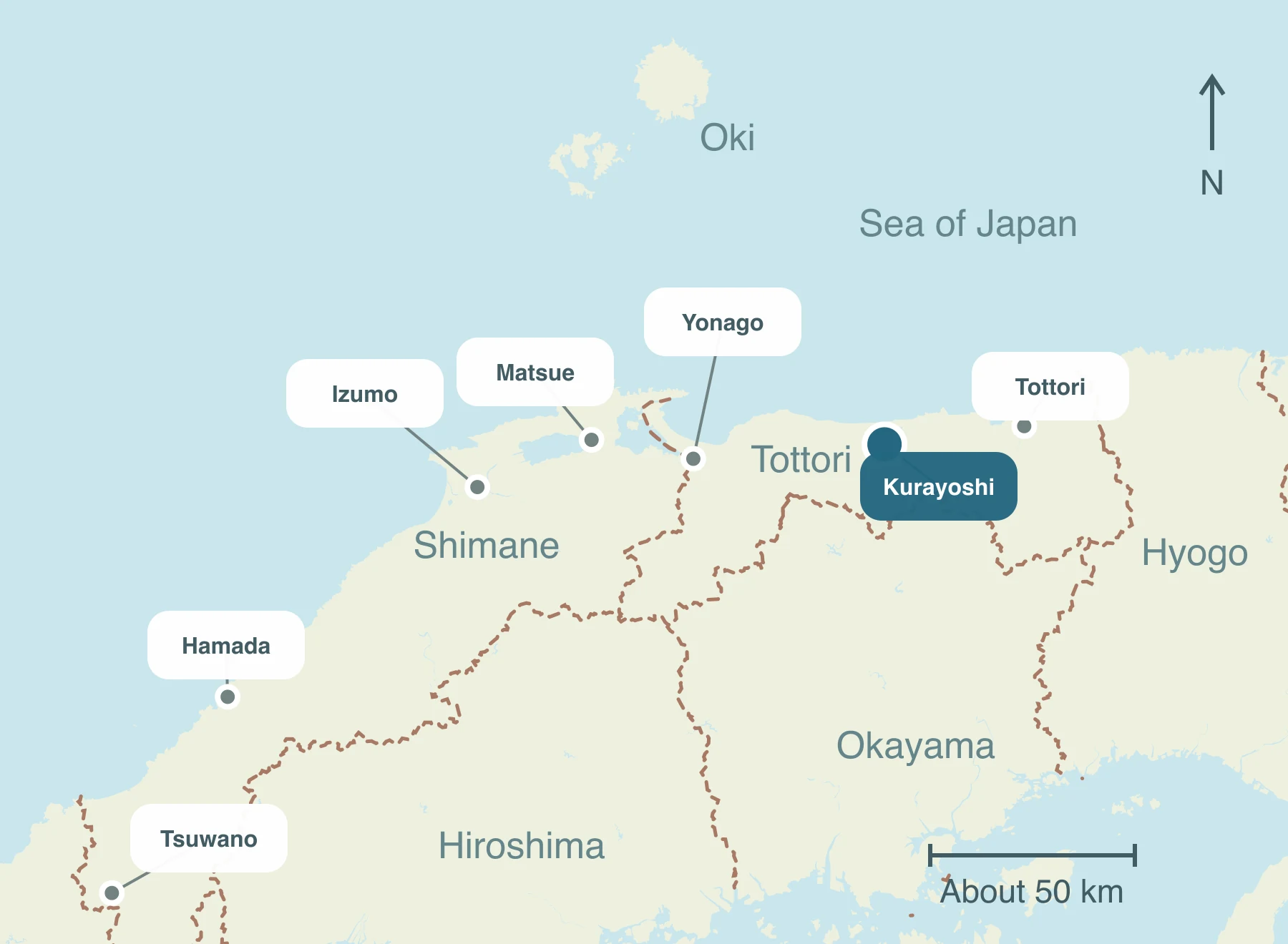 Map showing Kurayoshi City and nearby regions within Sanin
