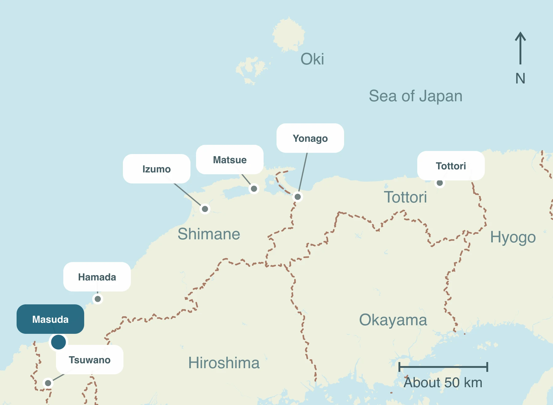 Map showing Masuda City and nearby regions within Sanin