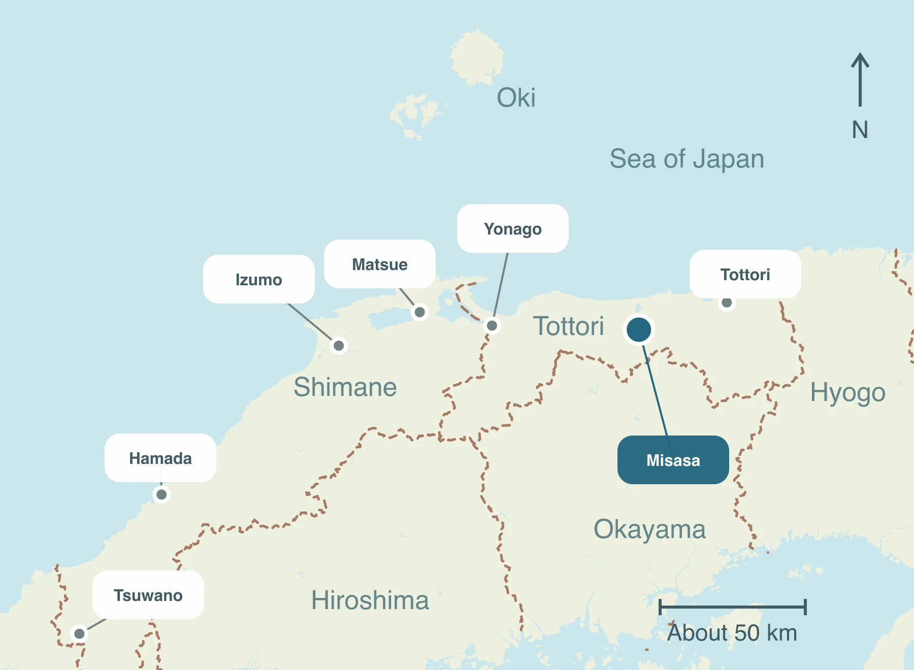 Map showing Misasa Town and nearby regions within Sanin