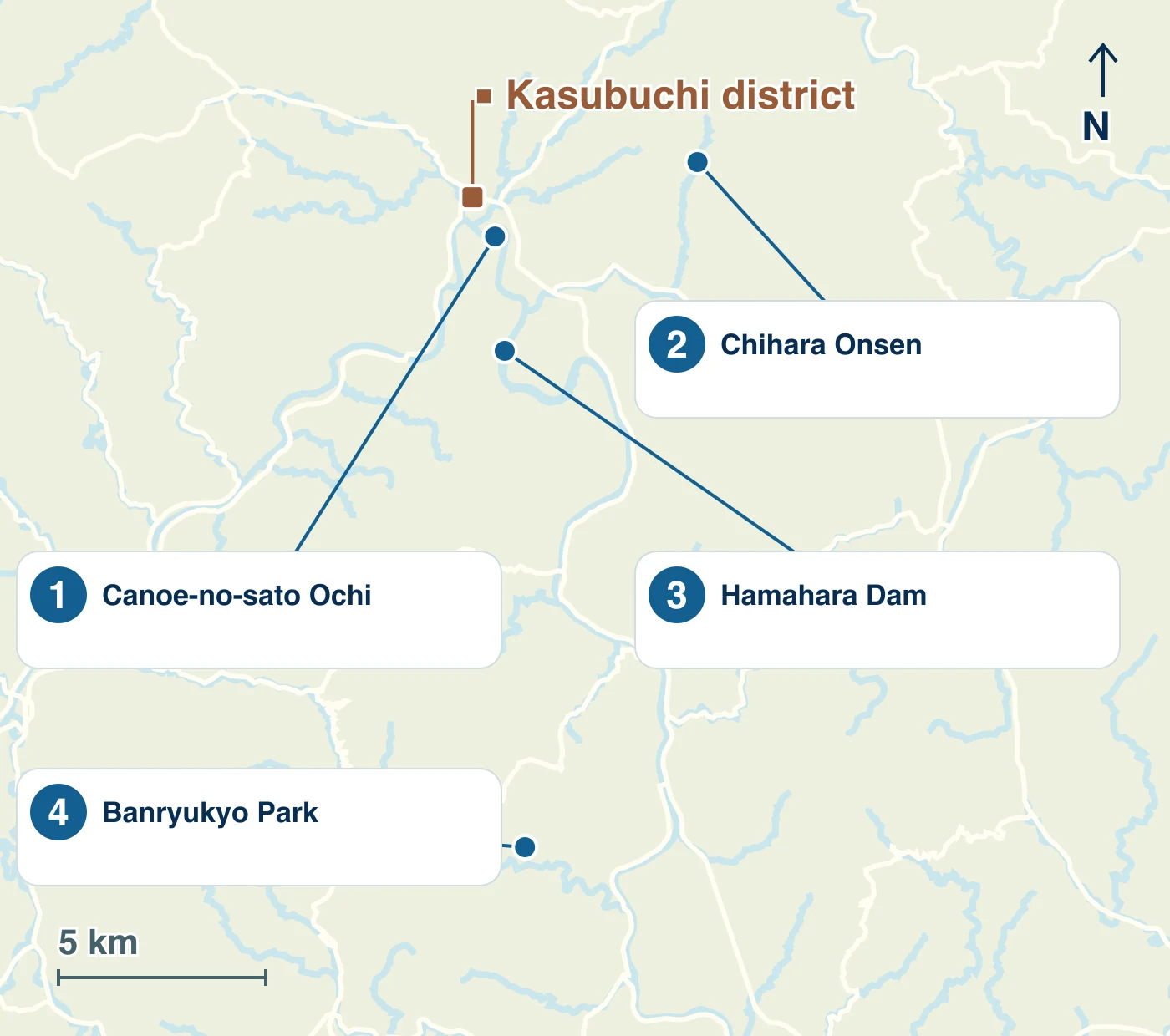 Map of Misato Town showing stations, waterways, roads and the locations of 1 Canoe-no-sato Ochi; 2 Chihara Onsen; 3 Hamahara Dam; 4 Banryukyo Park