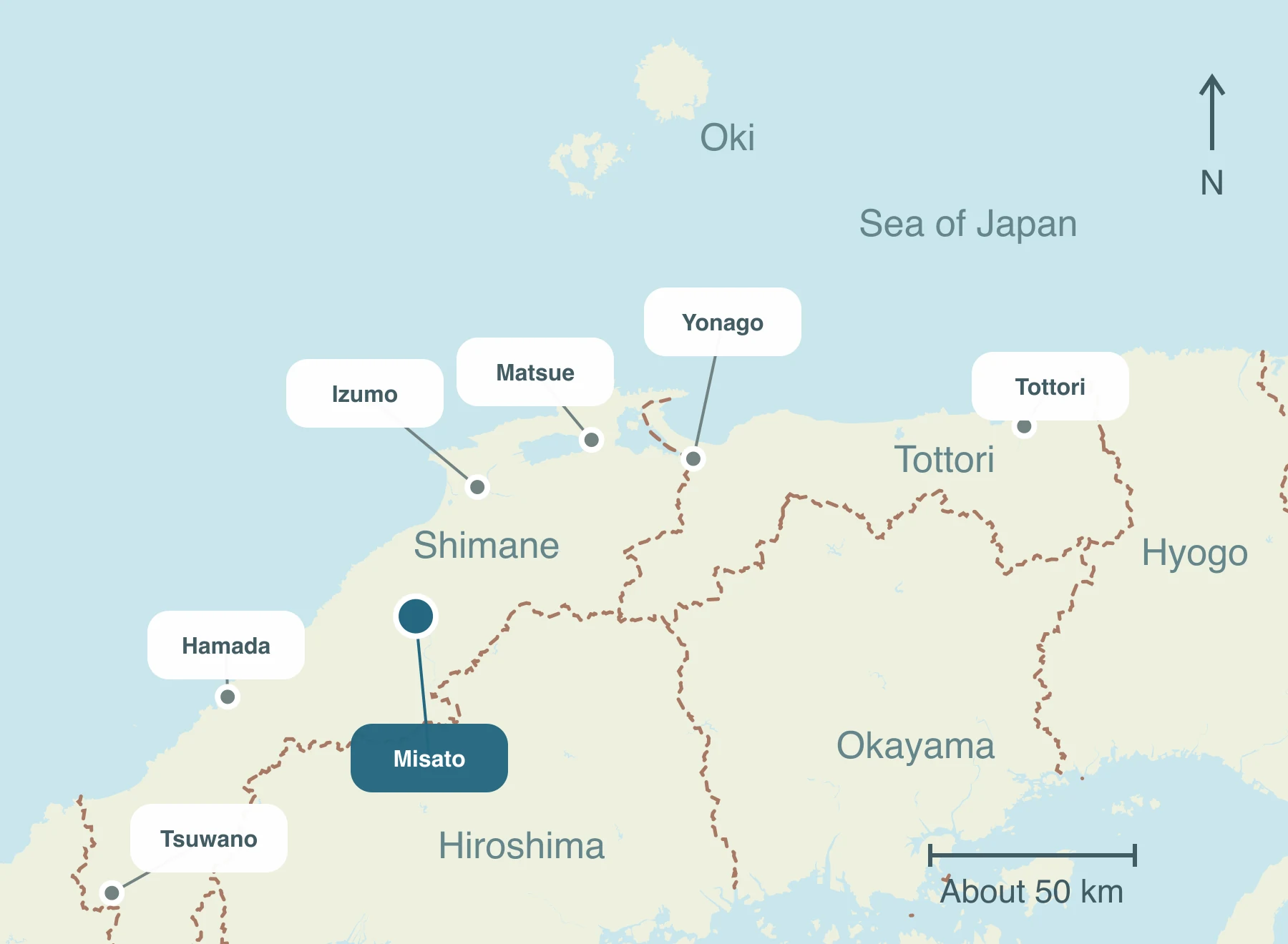 Map showing Misato Town and nearby regions within Sanin