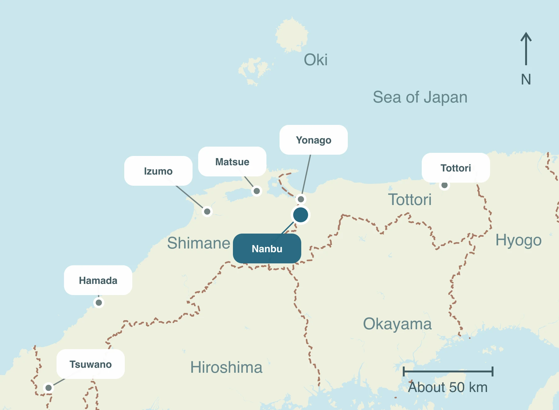 Map showing Nanbu and nearby regions within Sanin