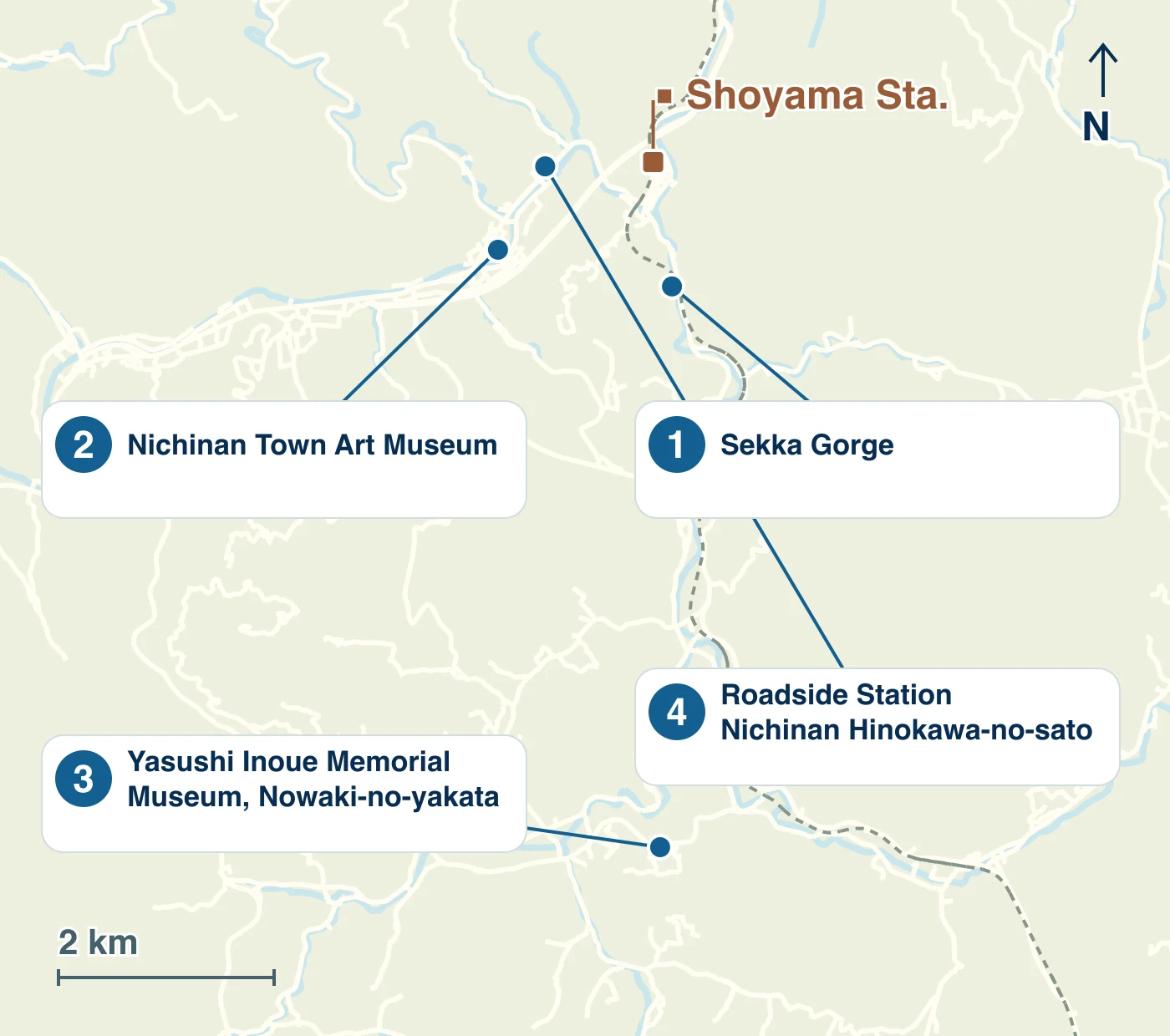 Map of Nichinan Town showing stations, waterways, roads and the locations of 1 Sekka Gorge; 2 Nichinan Town Art Museum; 3 Yasushi Inoue Memorial Museum, Nowaki-no-yakata; 4 Roadside Station Nichinan Hinokawa-no-sato