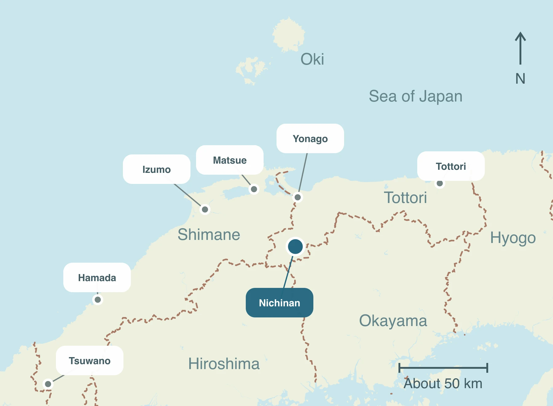 Map showing Nichinan Town and nearby regions within Sanin