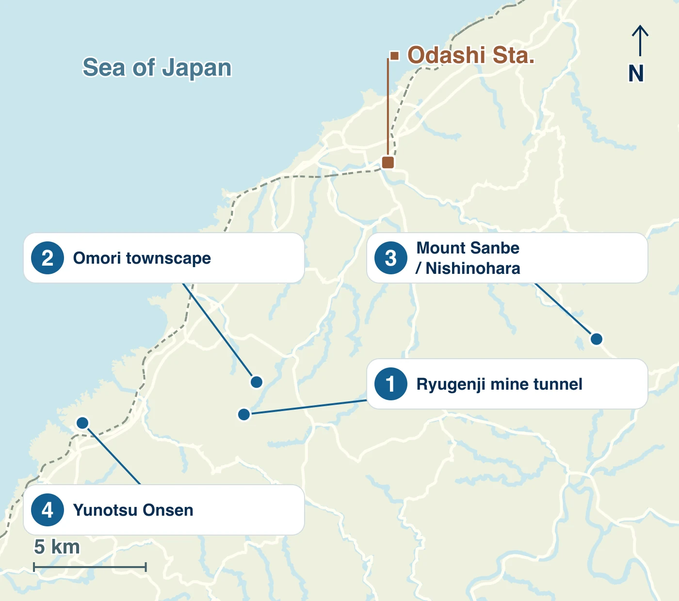 Map of Oda City showing stations, waterways, roads and the locations of 1 Ryugenji mine tunnel; 2 Omori townscape; 3 Mount Sanbe / Nishinohara; 4 Yunotsu Onsen