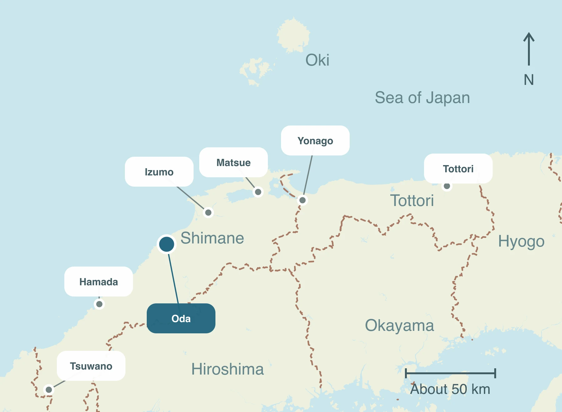 Map showing Oda City and nearby regions within Sanin