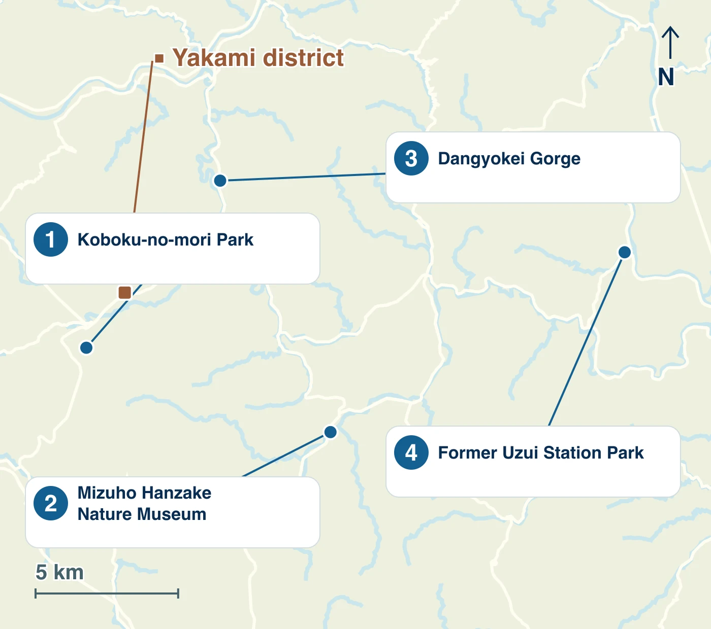 Map of Onan Town showing stations, waterways, roads and the locations of 1 Koboku-no-mori Park; 2 Mizuho Hanzake Nature Museum; 3 Dangyokei Gorge; 4 Former Uzui Station Park