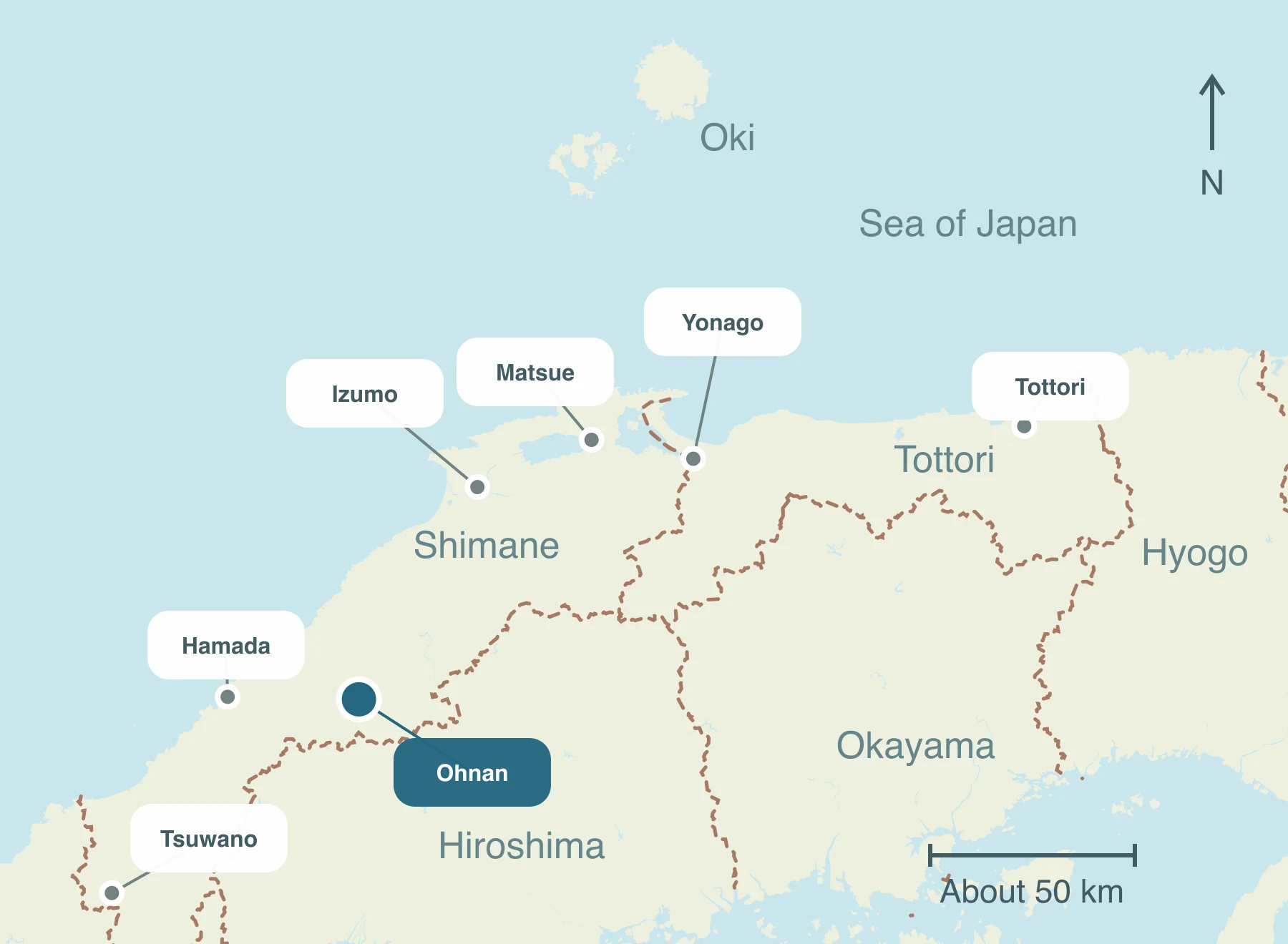 Map showing Onan Town and nearby regions within Sanin